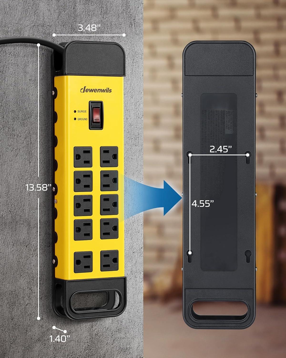 DEWENWILS 10 Outlets Heavy Duty Metal Surge Protector Power Strip with 15ft Long Cord, Flat Plug, 1440Joules