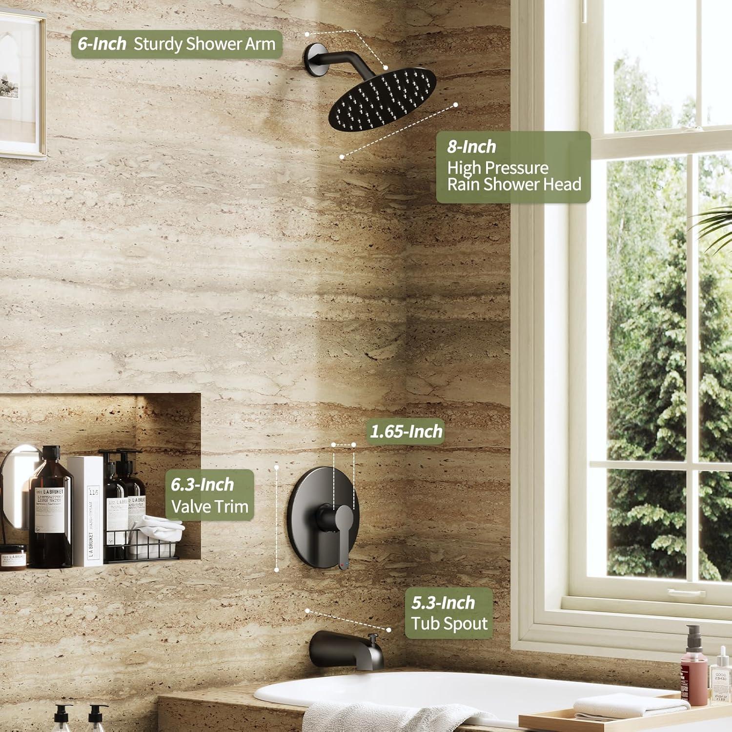 Tub Shower Faucet Set, 8 Inch Matte Black Shower Head and Handle Set, High Pressure Bathtub Shower Faucet with Valve, Tub Spout and Trim Kit, Bathroom Shower Faucet Sets Complete, Black