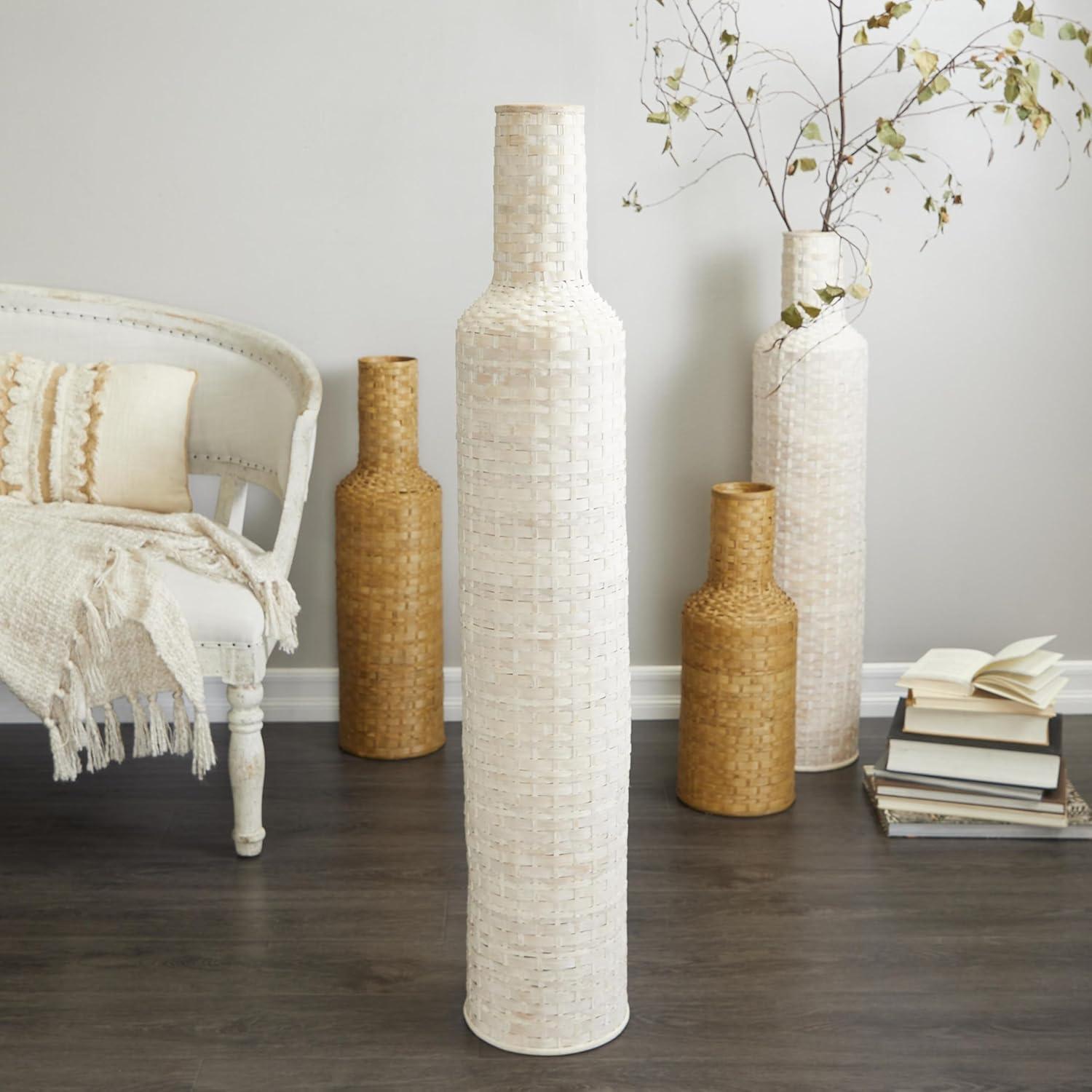 Studio 350 Intricately Woven Tall Bamboo Wood Floor Vase  - White or Brown White - 9"W, 48"H