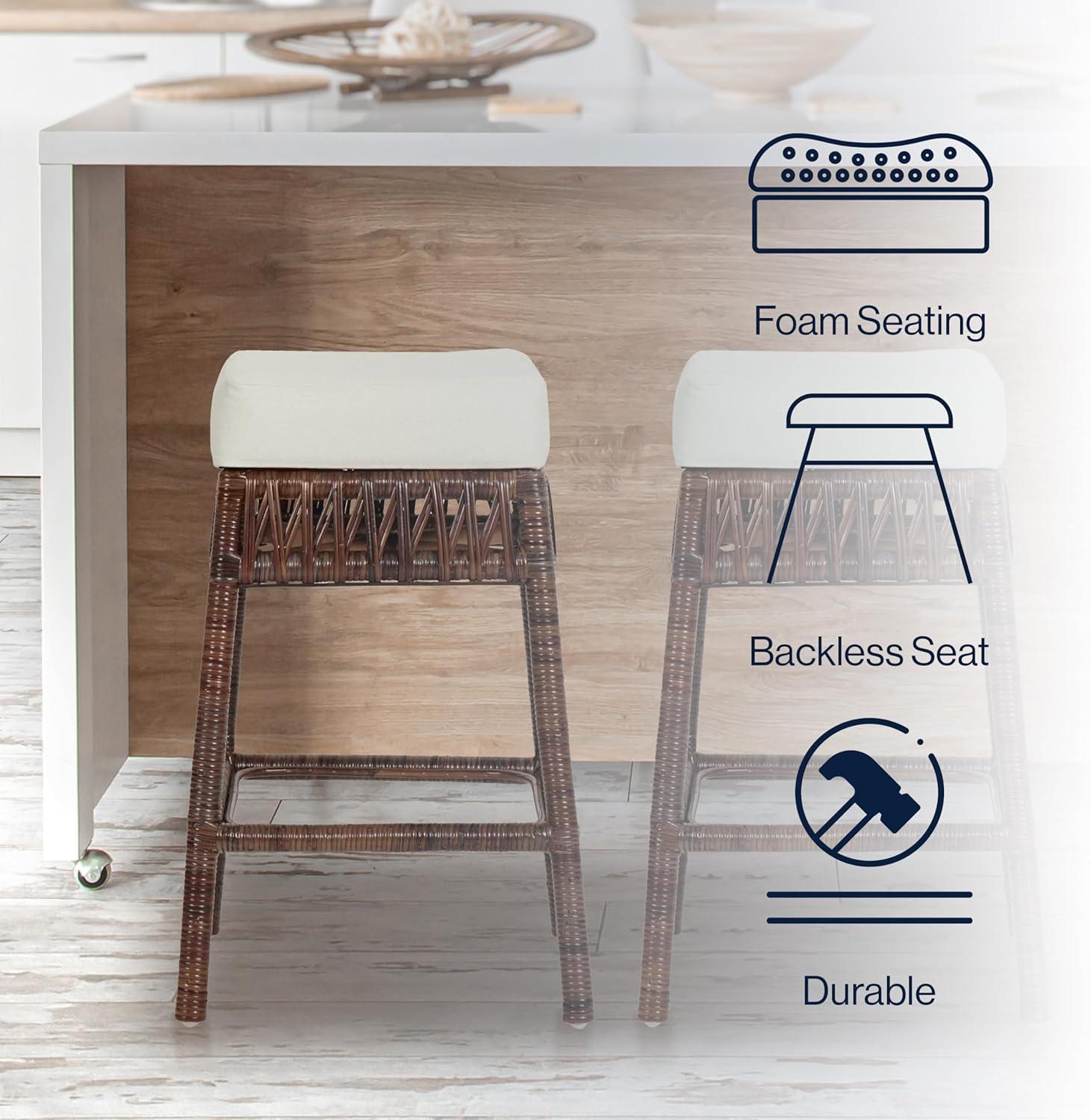 JONATHAN Y Bali Bohemian Basics Rattan Backless Bar Stool, White Cushion with Dark Brown Woven Frame