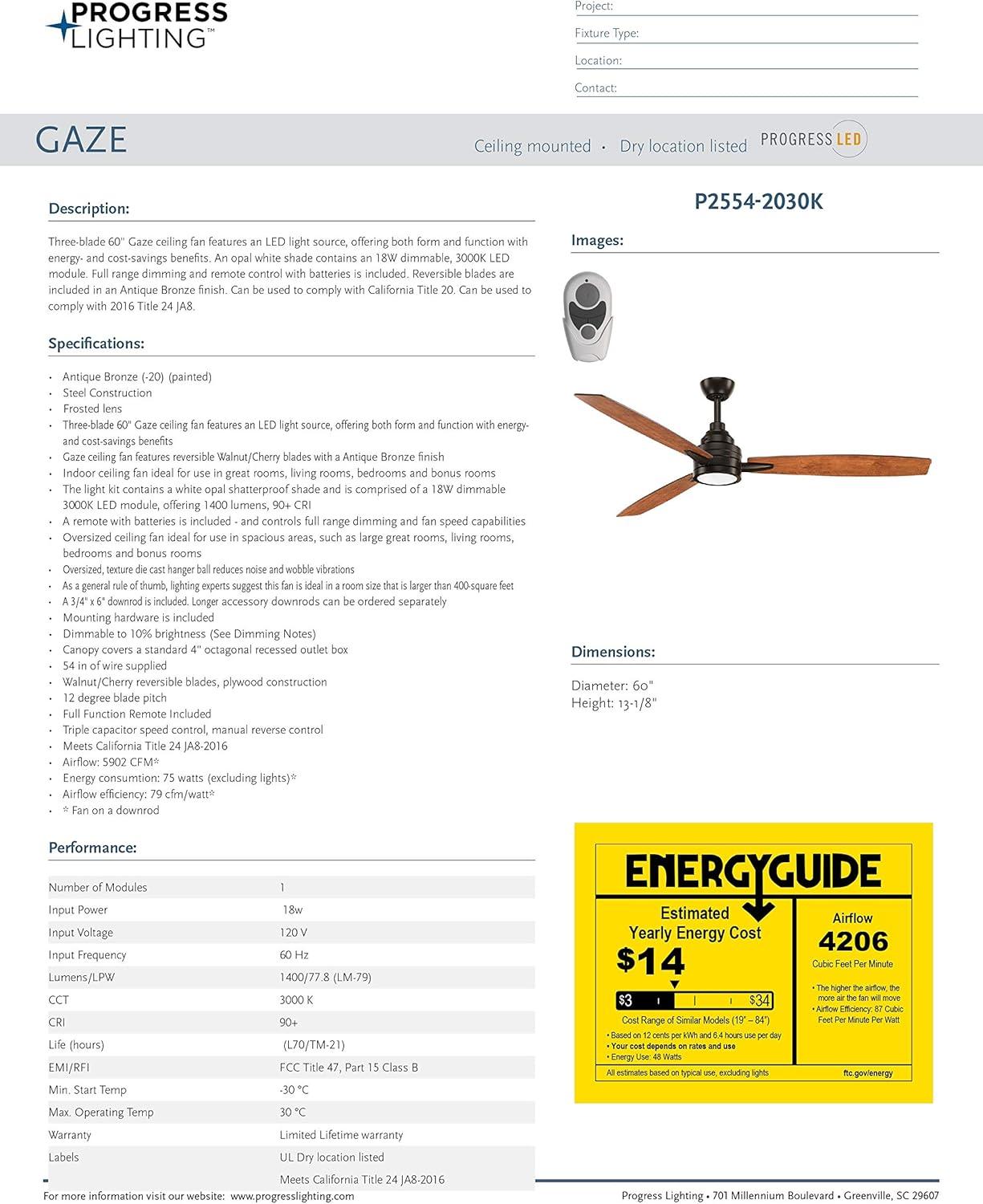 Gaze Collection 60" LED Three-Blade Ceiling Fan