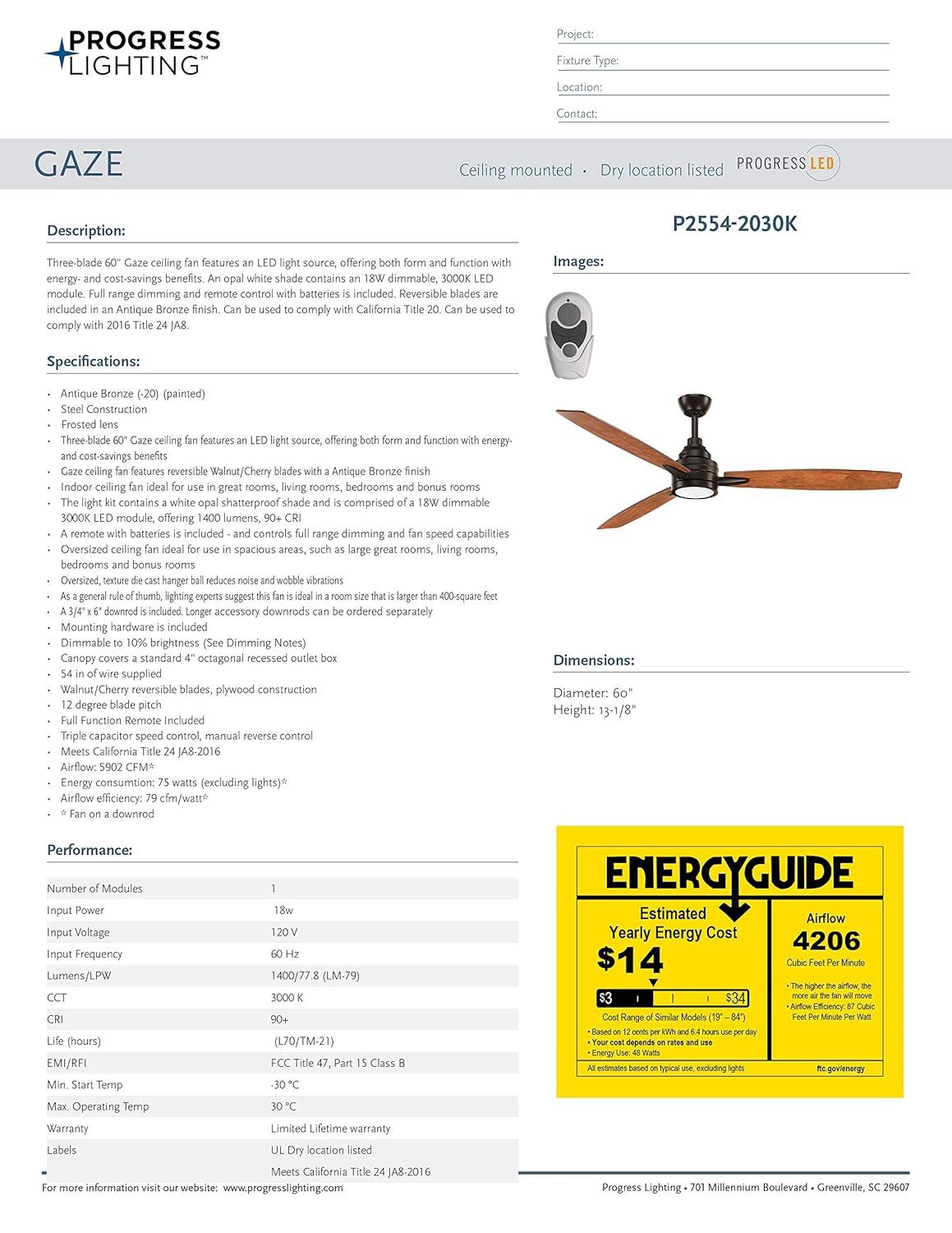 Gaze Collection 60" LED Three-Blade Ceiling Fan