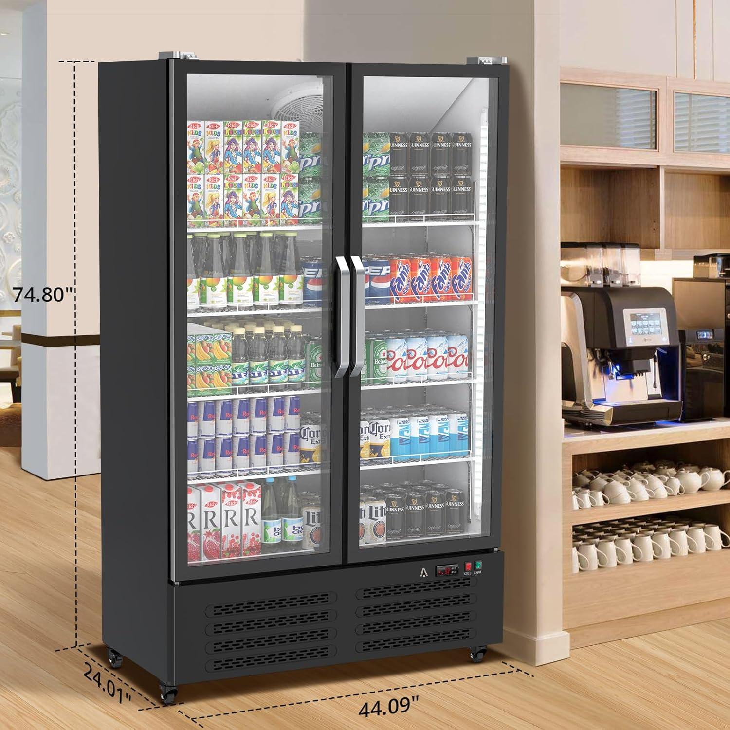 Aoile Commercial Display Refrigerator 25.5 Cu.Ft, Double Glass Door Upright Merchandiser Beverage Cooler with Wheels & LED Lighting