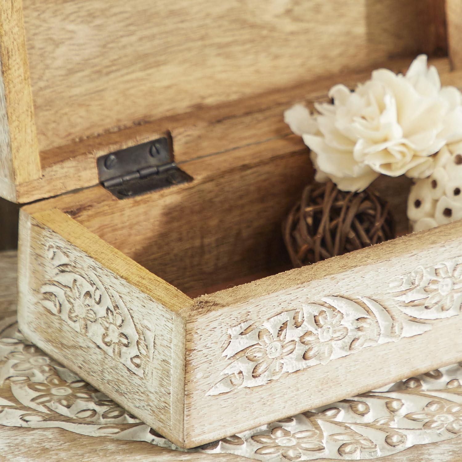 Set of 3 Whitewashed Mango Wood Carved Lidded Boxes