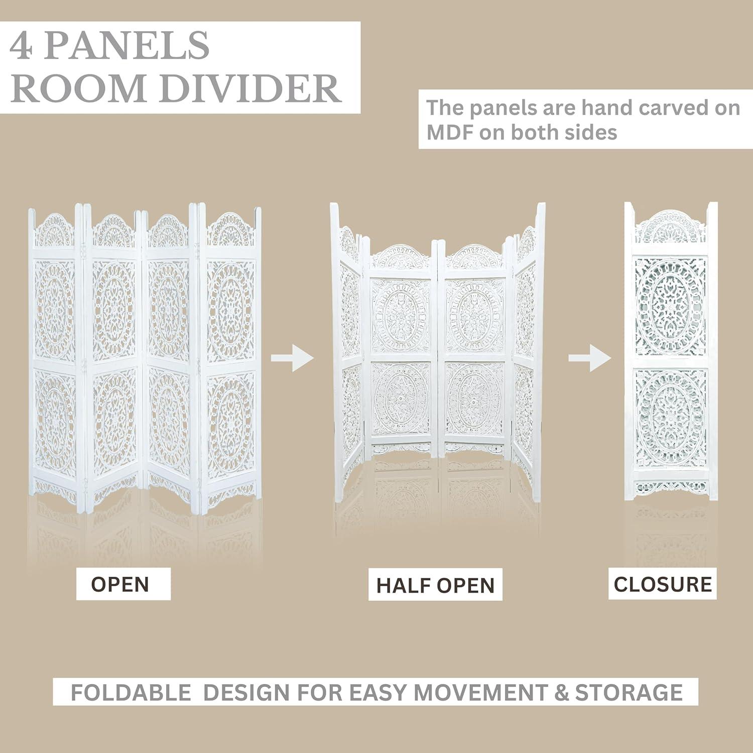 Canora Grey Light & Pro Wood Heart Design Handmade Hinged Foldable Partition 4 Panel Room Divider Screen With Intricately Carved Designs, Pre Assembled - Ready To Use - 48" X 64"