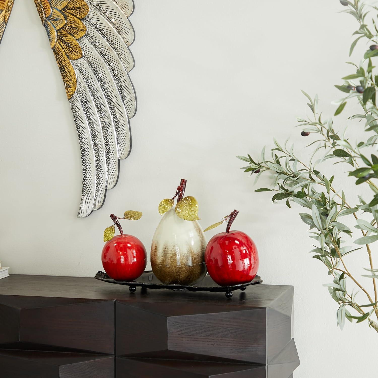 Red and Beige Metal Fruit Sculpture with Platter