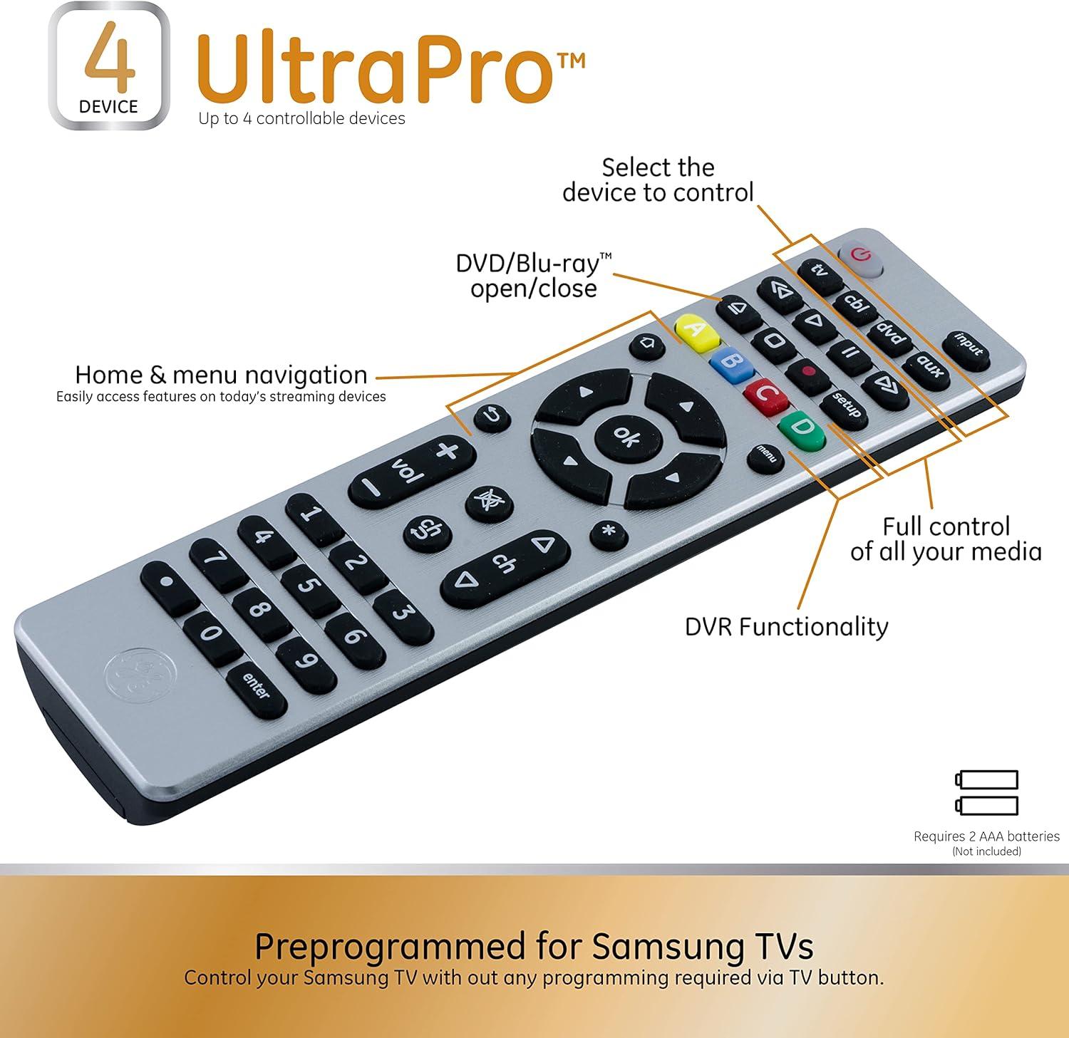 GE 4-Device Universal TV Remote Control in Brushed Silver, 33709