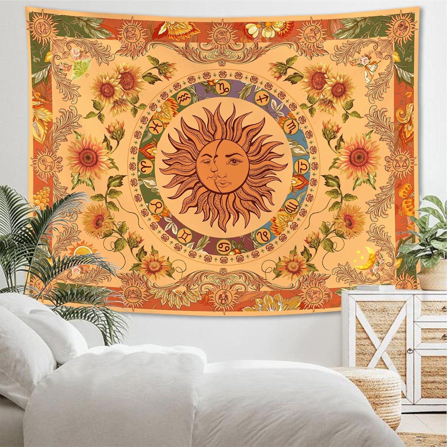 Orange Sun and Moon Polyester Tapestry with Sunflowers, 60'' × 80''