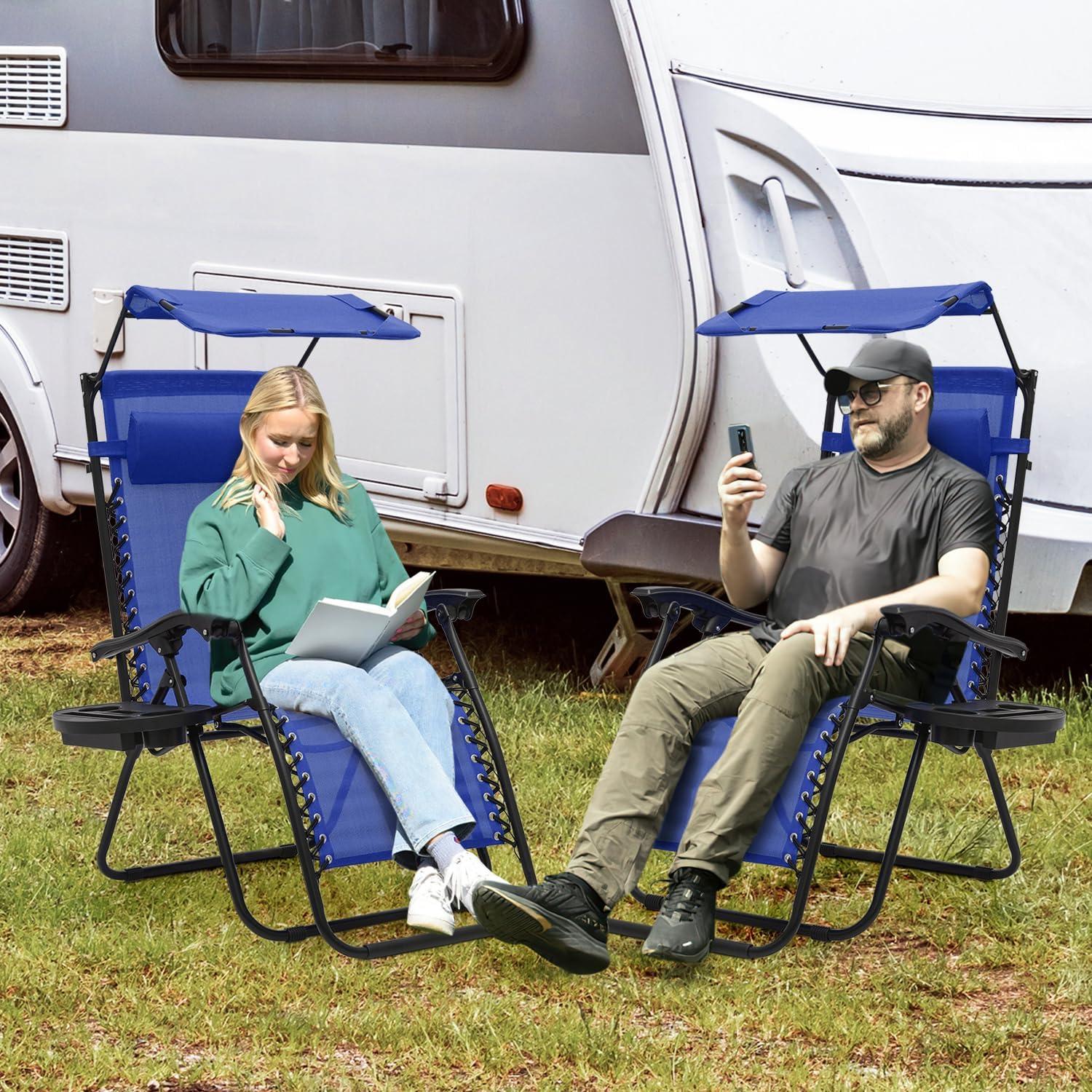 Magshion Set of 2 Zero Gravity Chair Outdoor Folding Recliner Lounge Chair with Adjustable Sunshade Canopy and Cup Holder, Blue