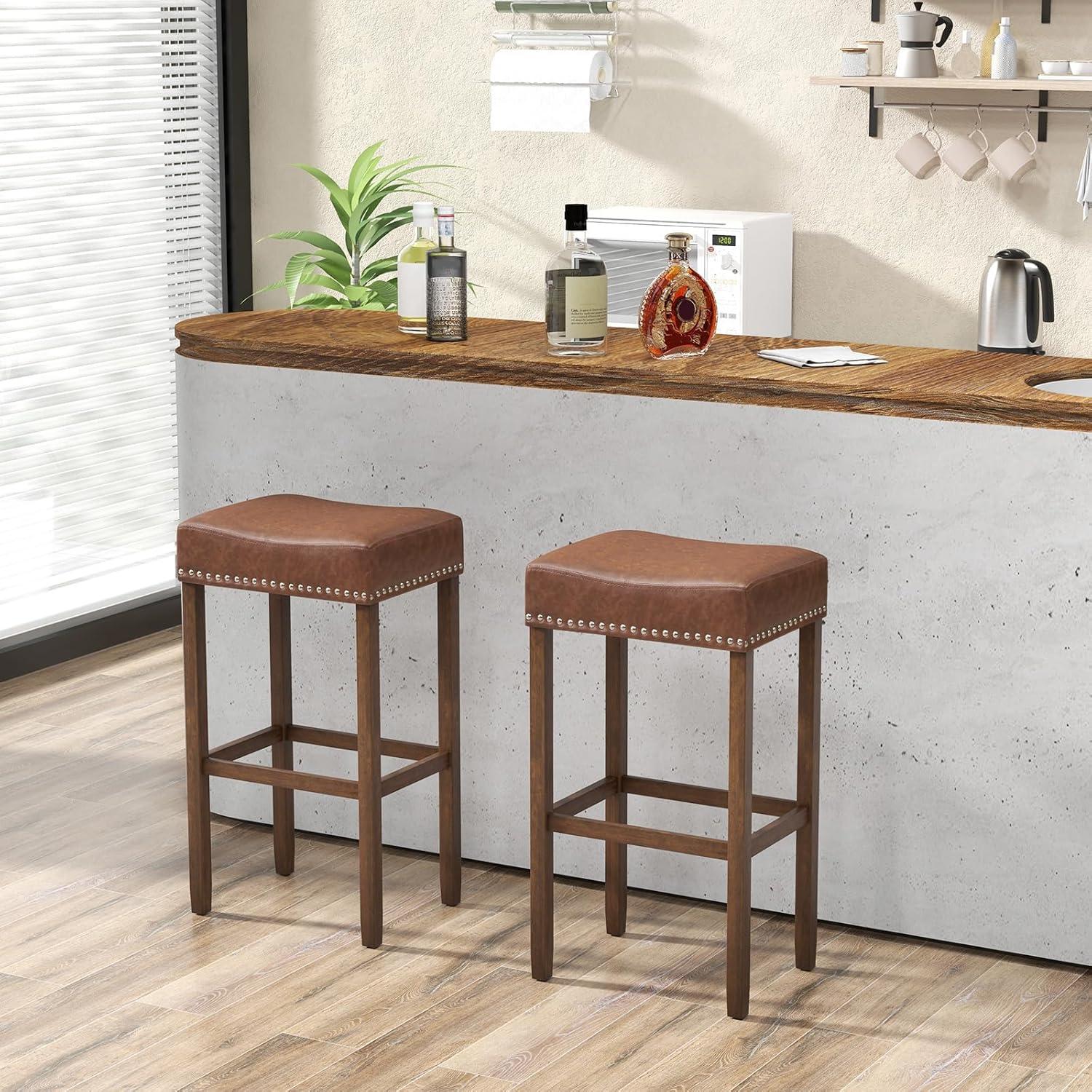 Resenkos Upholstered Bar Stools Set of 2 with Footrests for Counter-Brown, Bar Height Stools, Bar Stools for Kitchen Island for Kitchen, Dining Room