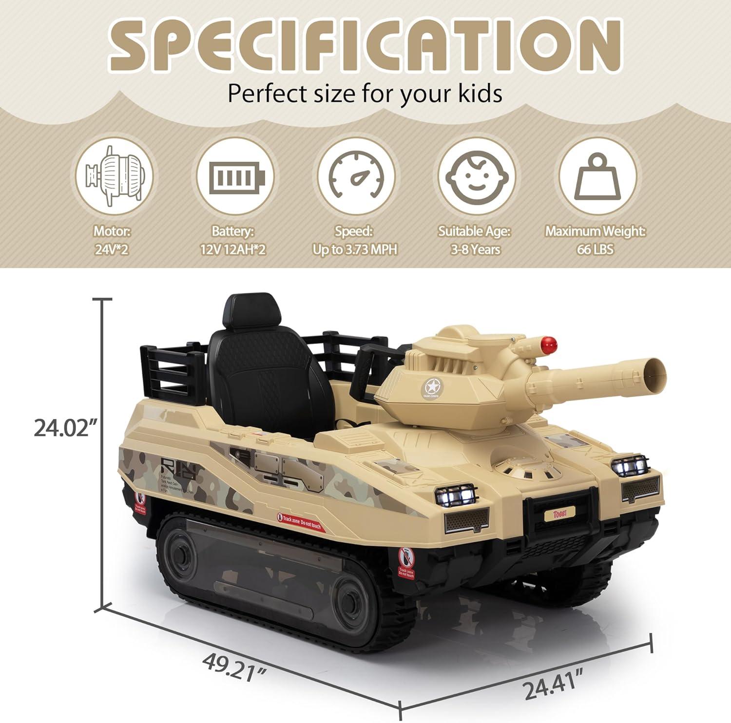 Jaxpety 24 V Kids Ride on Tank Car with Working Cannon and Rotating Turret for Boys and Girls Ages 3-8 Years, Yellow