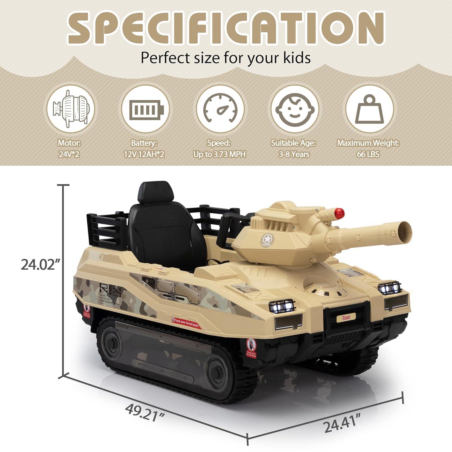 Jaxpety 24 V Kids Ride on Tank Car with Working Cannon and Rotating Turret for Boys and Girls Ages 3-8 Years, Yellow