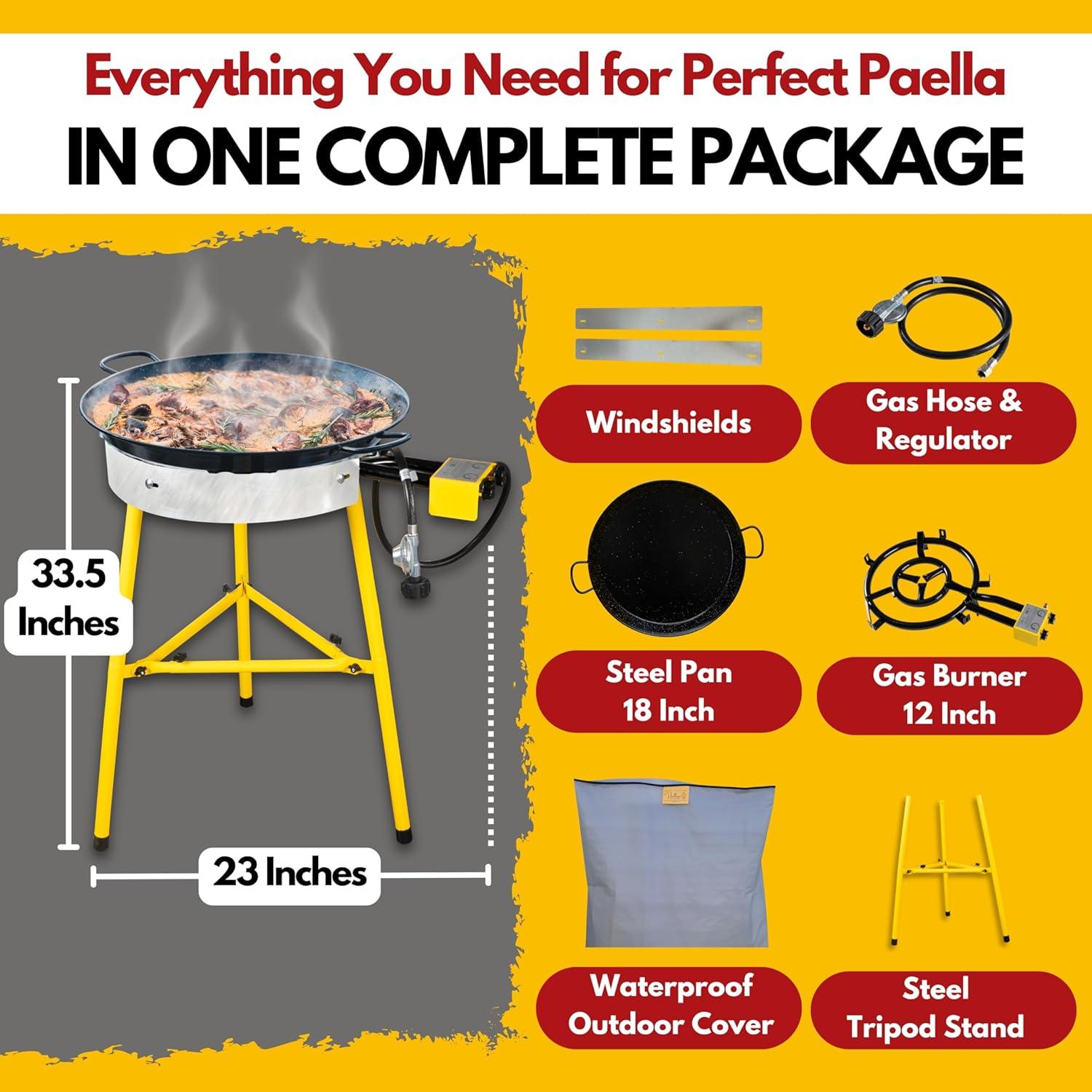 Paelluxe Paella Burner and Stand Set 20 Servings, 24 Inch Paella Pan, Dual Propane Outdoor Stove with Stand & Regulator, Portable Gas Cooker for Camping Crawfish Boil Cooking Outdoor, Paellera Propano
