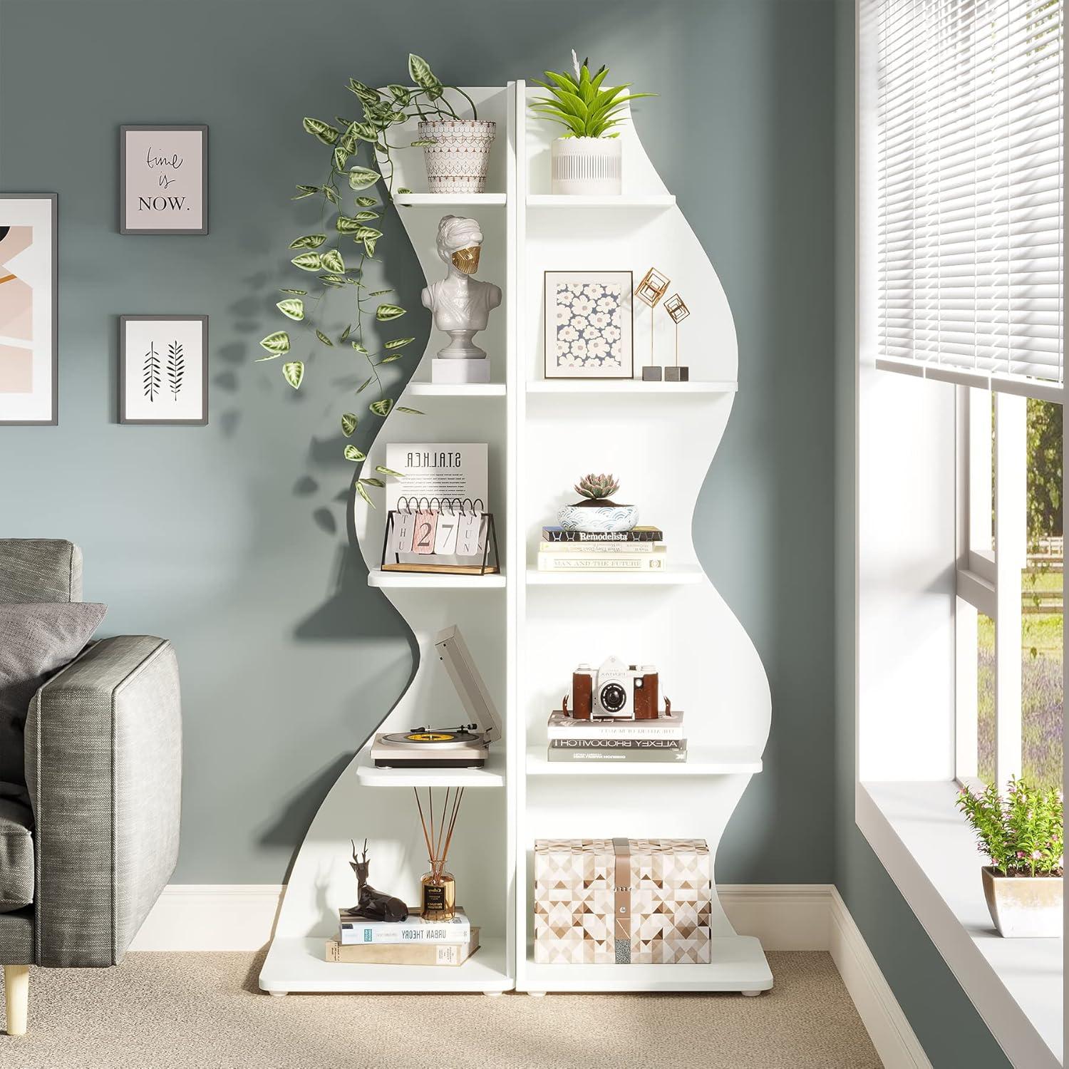 White 5-Tier Modern Corner Bookcase with Adjustable Shelves