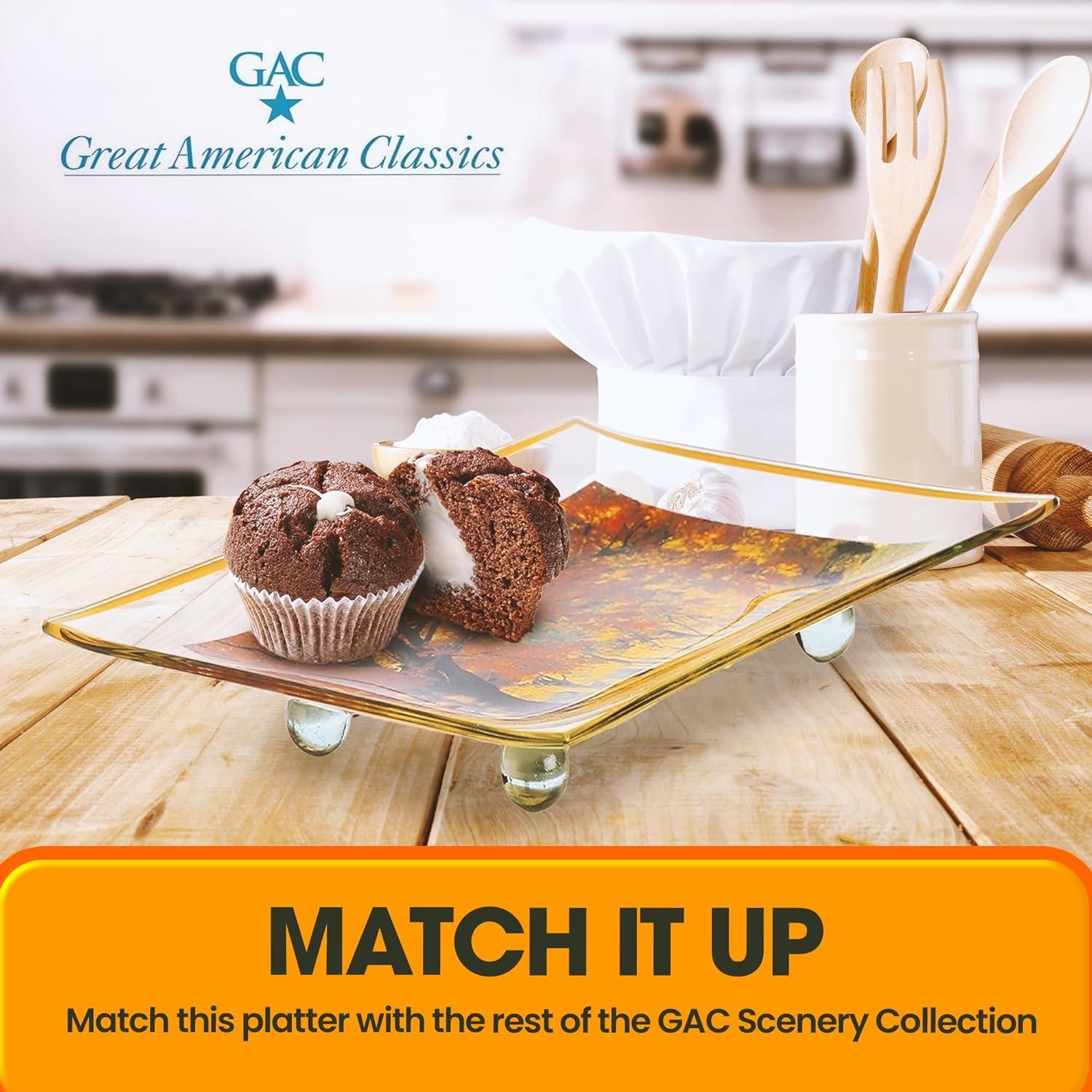 GAC Unique Landscape Design Rectangular Tempered Glass Serving Tray on Glass Ball Legs – 10x14 Inch – Break Resistant – Oven, Microwave, and Dishwasher Safe–Attractive Yellow Colored Serving Platter