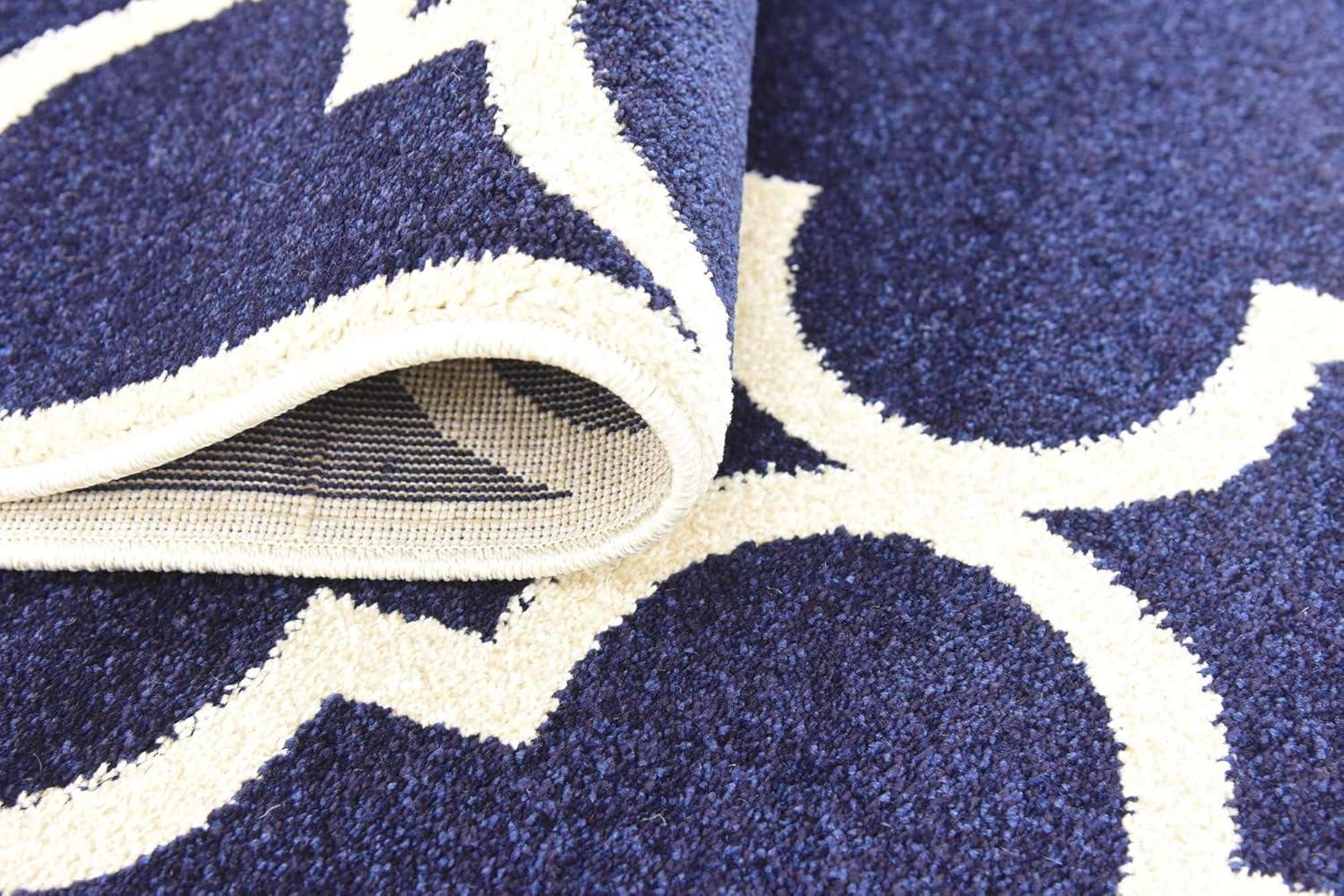 Navy Blue and Beige Trellis Synthetic Runner Rug