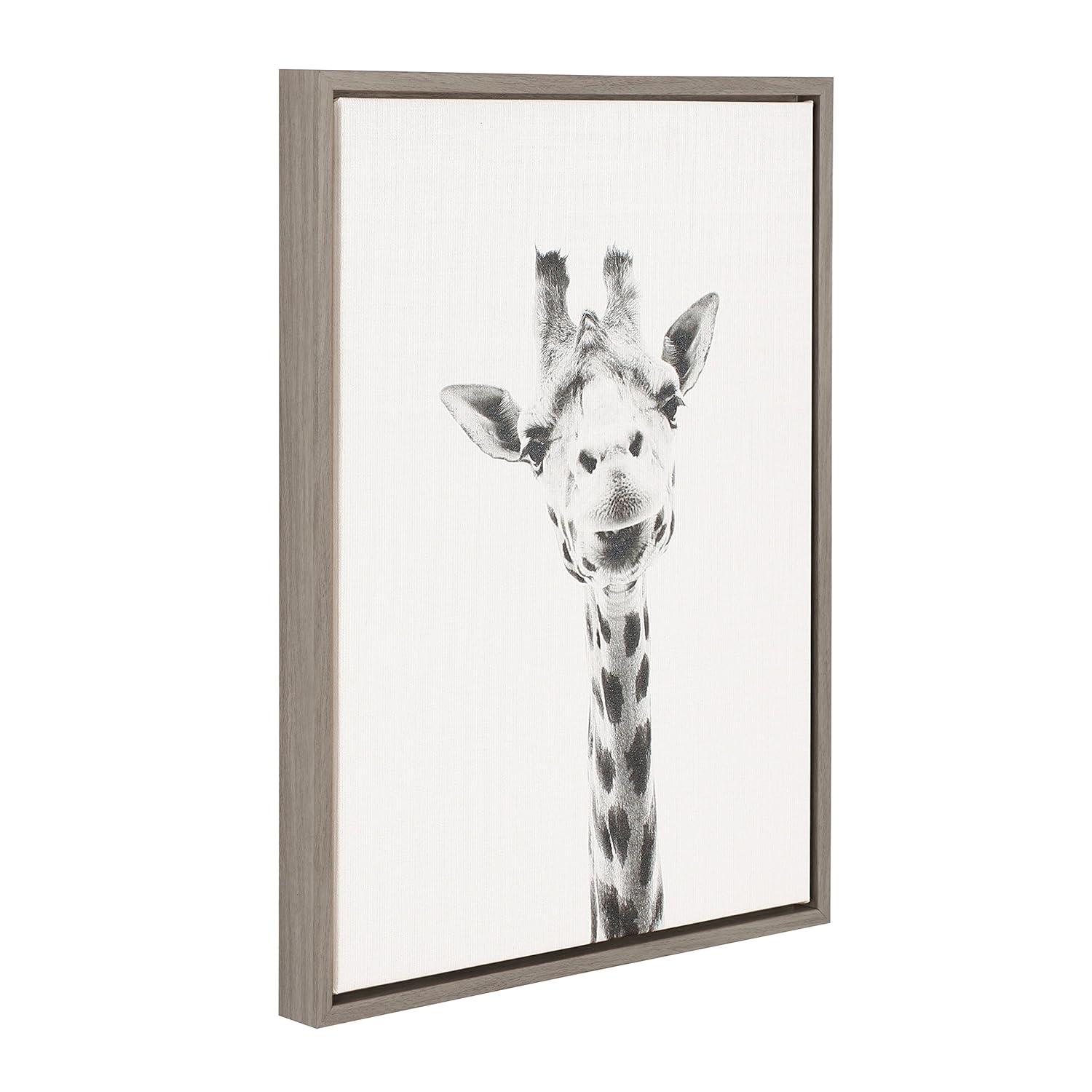 24" x 18" Giraffe Framed Kids' Canvas Art Gray - Uniek: Giraffe Picture for Kids Room, Animal Wall Art, Vertical Photograph