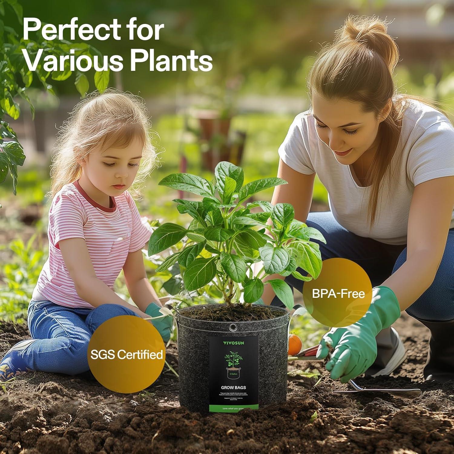 VIVOSUN 5-Pack 3 Gallon Grow Bags, 500G Thick Nonwoven Fabric Pots with Strap Handles, Multi-Purpose Rings, for Low Stress Plant Training Fruits, Vegetables, and Flowers
