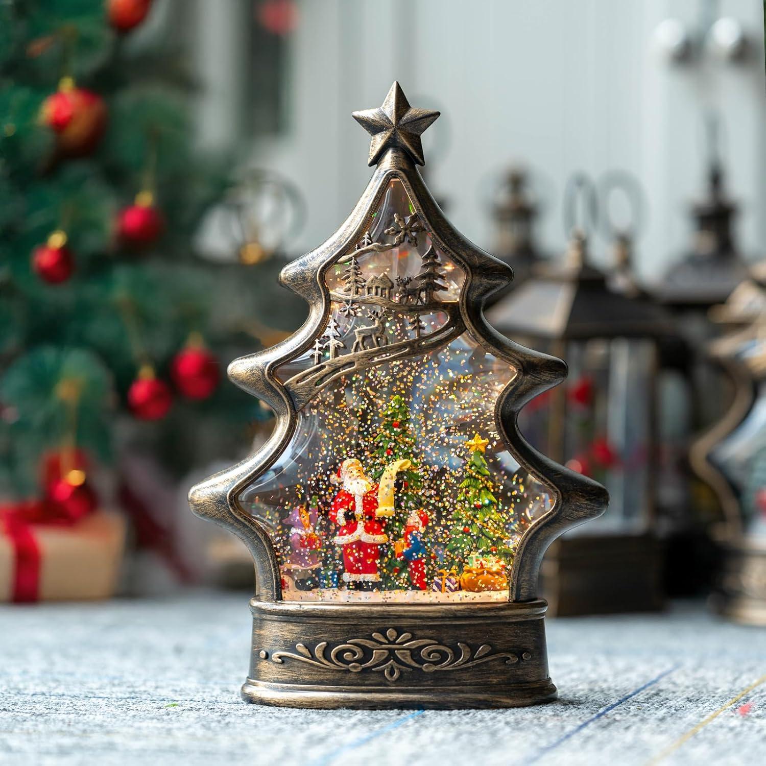 Bronze Christmas Tree Lantern Snow Globe with Santa Scene