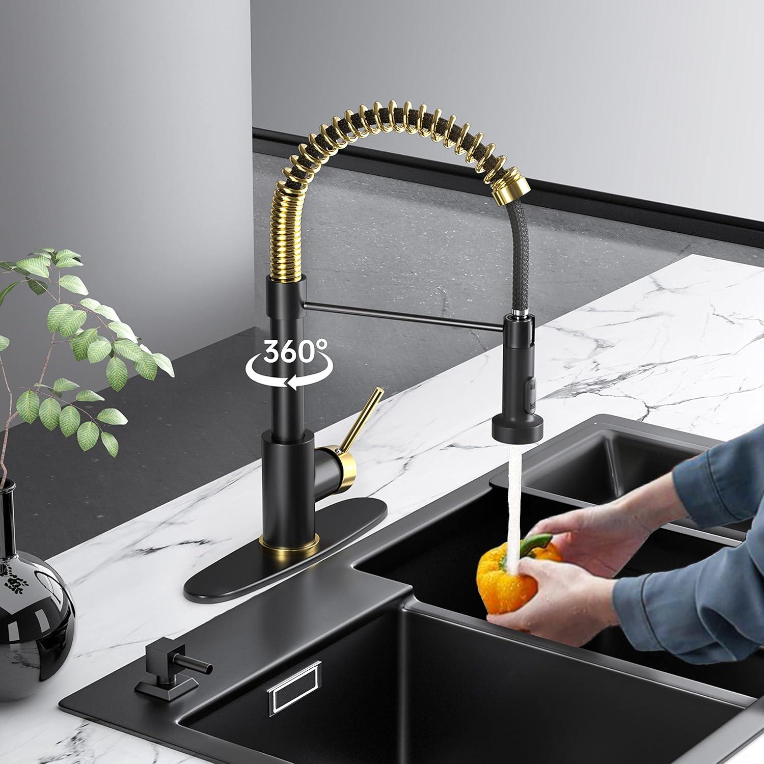 Black and Gold Stainless Steel High-Arc Kitchen Faucet with Pull-Out Spray