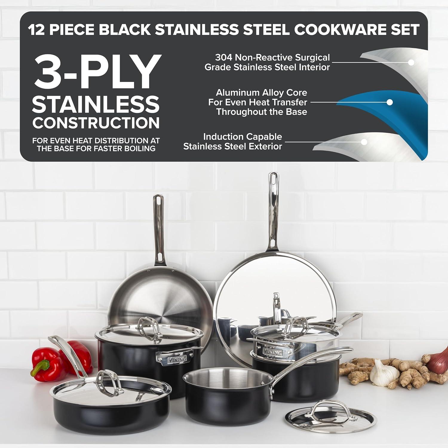 Viking Viking 12pc Cast Black 3-Ply Stainess Steel Cookware Set with Metal Lids