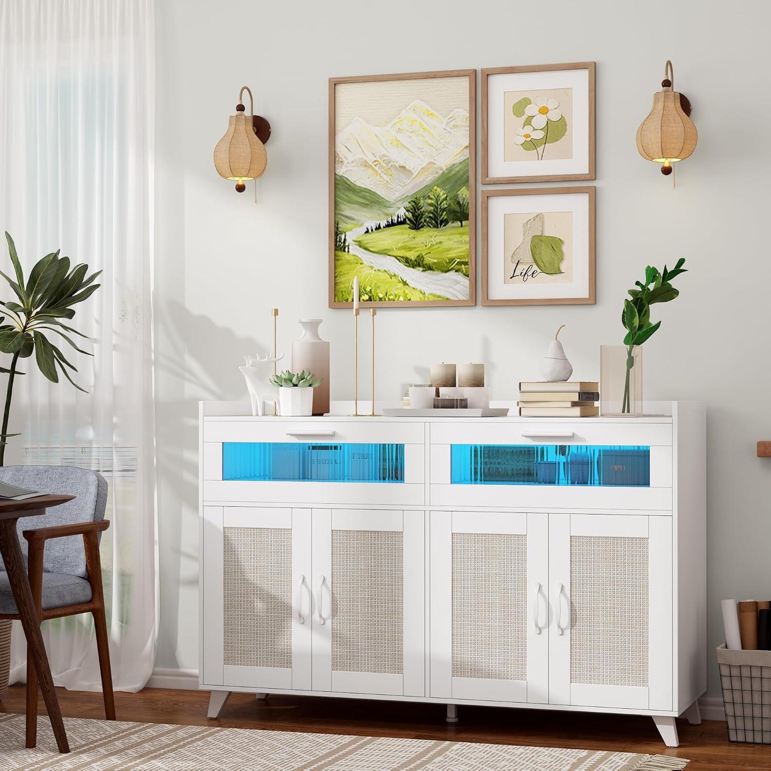 White Wood Buffet Cabinet with LED Light and Rattan Doors