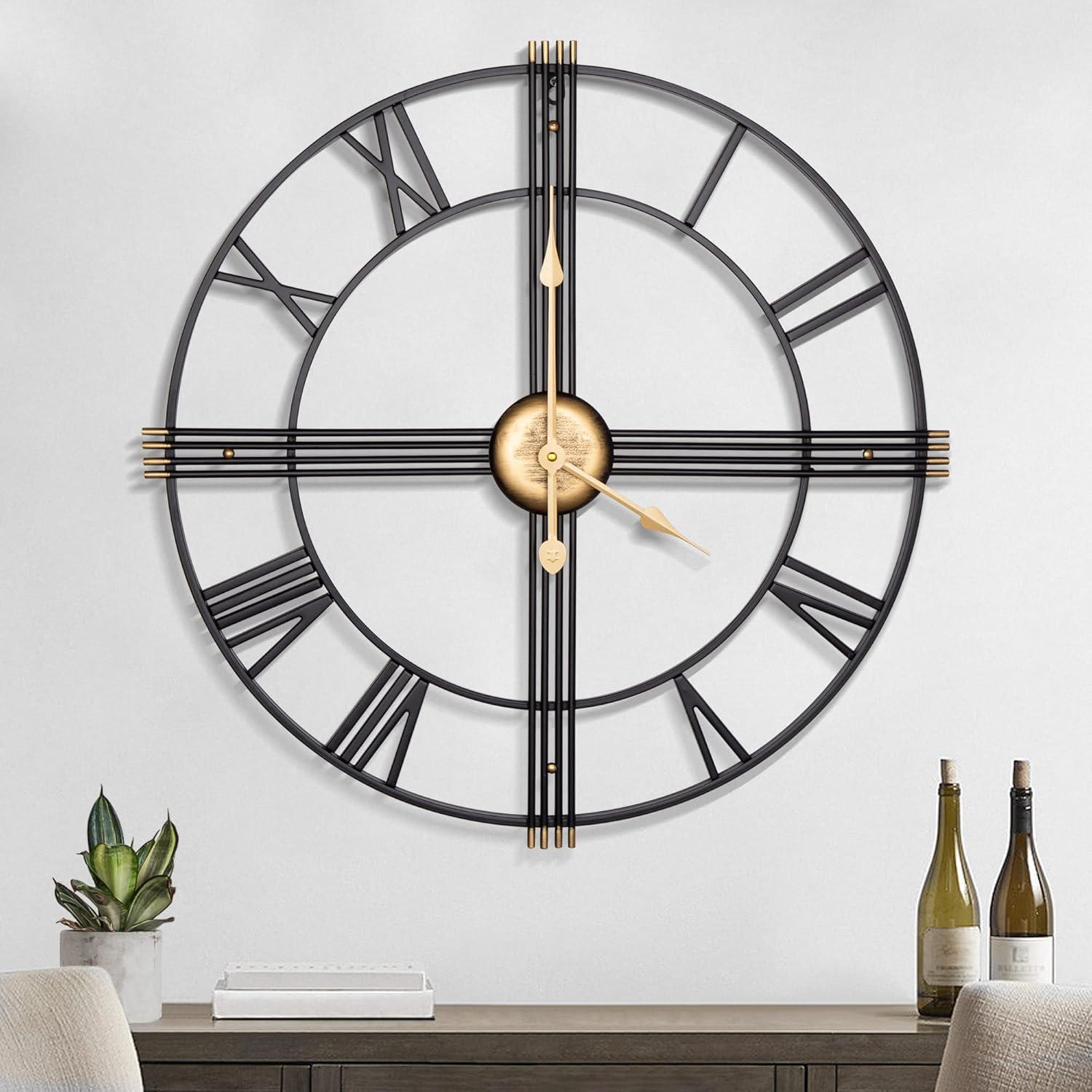 Large Wall Clock,24" Metal Decorative Round Wall Clocks,Quality Quartz Movement Silent Retro Roman Numerals Clock for Living Room Bedroom Kitchen Decor