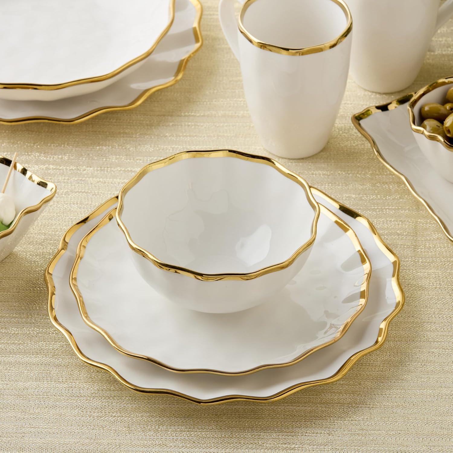 Certified International Regency Gold 16-Piece Porcelain Dinnerware Set for 4 – Luxury Gold-Rimmed Plates, Bowls & Mugs – Elegant, Dishwasher-Safe Tableware for Formal Dining, Entertaining & Special Occasions