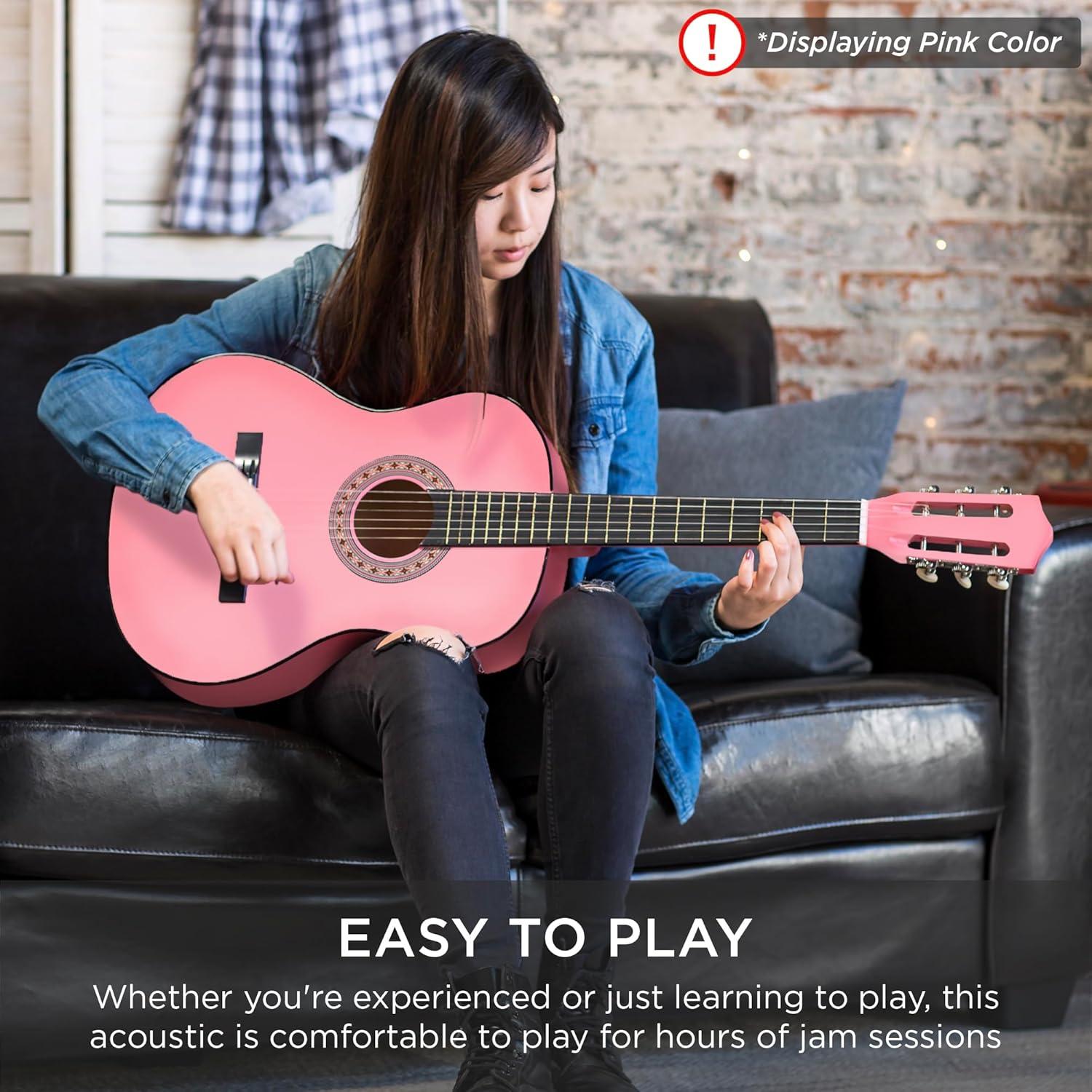 Best Choice Products 38in Beginner Acoustic Guitar Starter Kit w/ Gig Bag, Strap, Extra Strings - Pink
