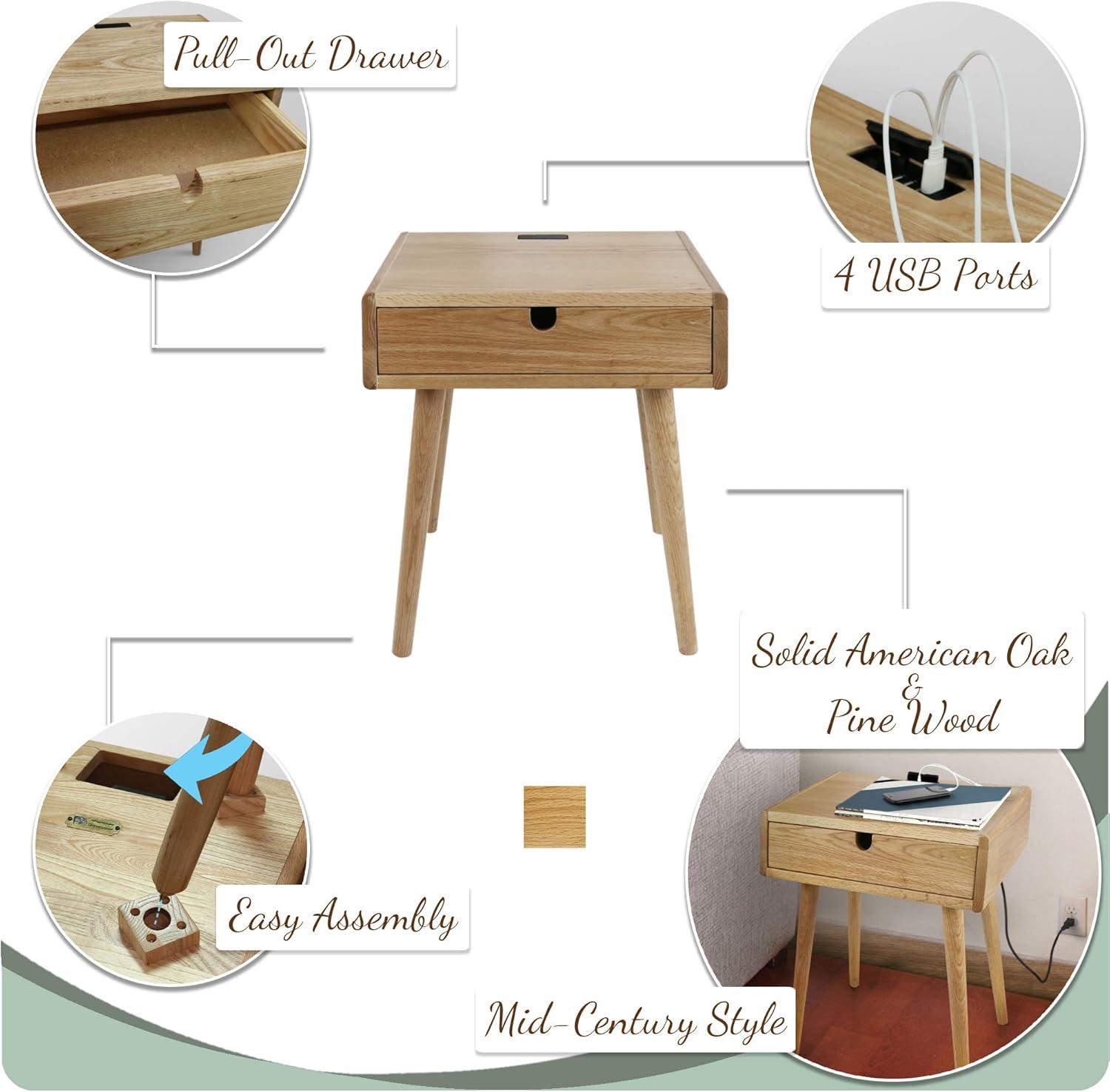 Freedom Nightstand/End Table with USB Ports Made of Solid Oak