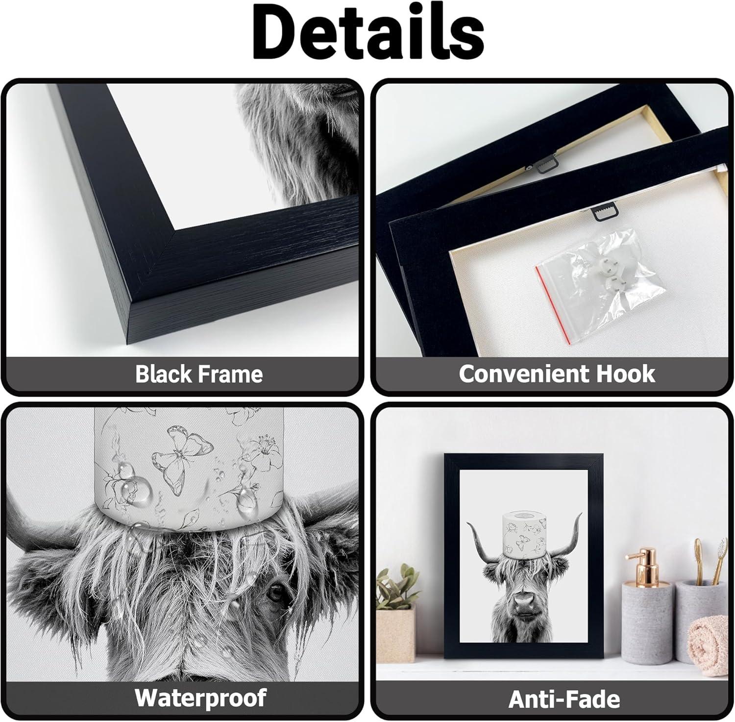 Black Framed Bathroom Decor - Funny Highland Cow Wall Art in Bathtub, Black and White Canvas Cow In Bathroom Picture, Humor Animals Artwork Prints, Rustic Farmhouse Style Wall Decor Ready To Hang for Living Room, Bathroom, Bedroom, Kids Bathroom