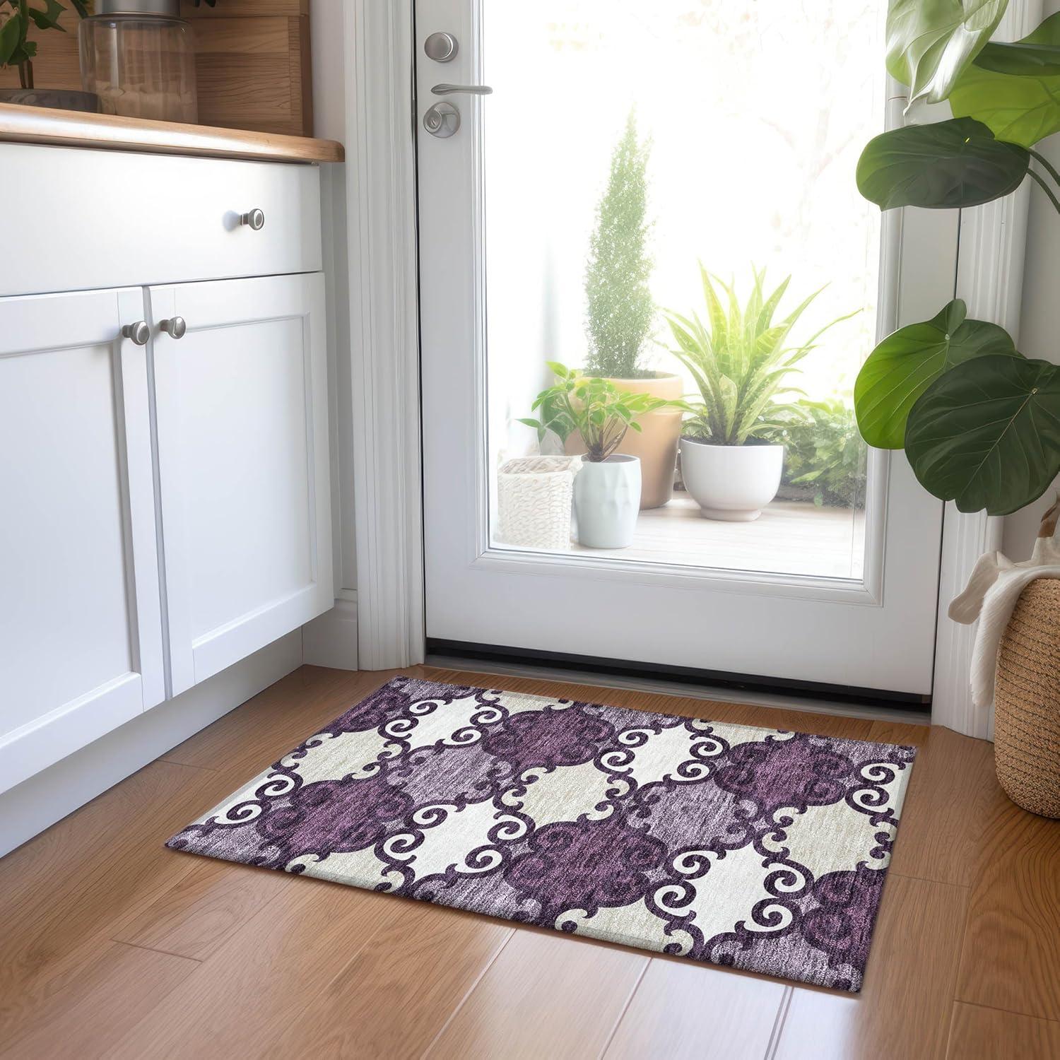 Eggplant and Beige Rectangular Synthetic Flat Woven Rug