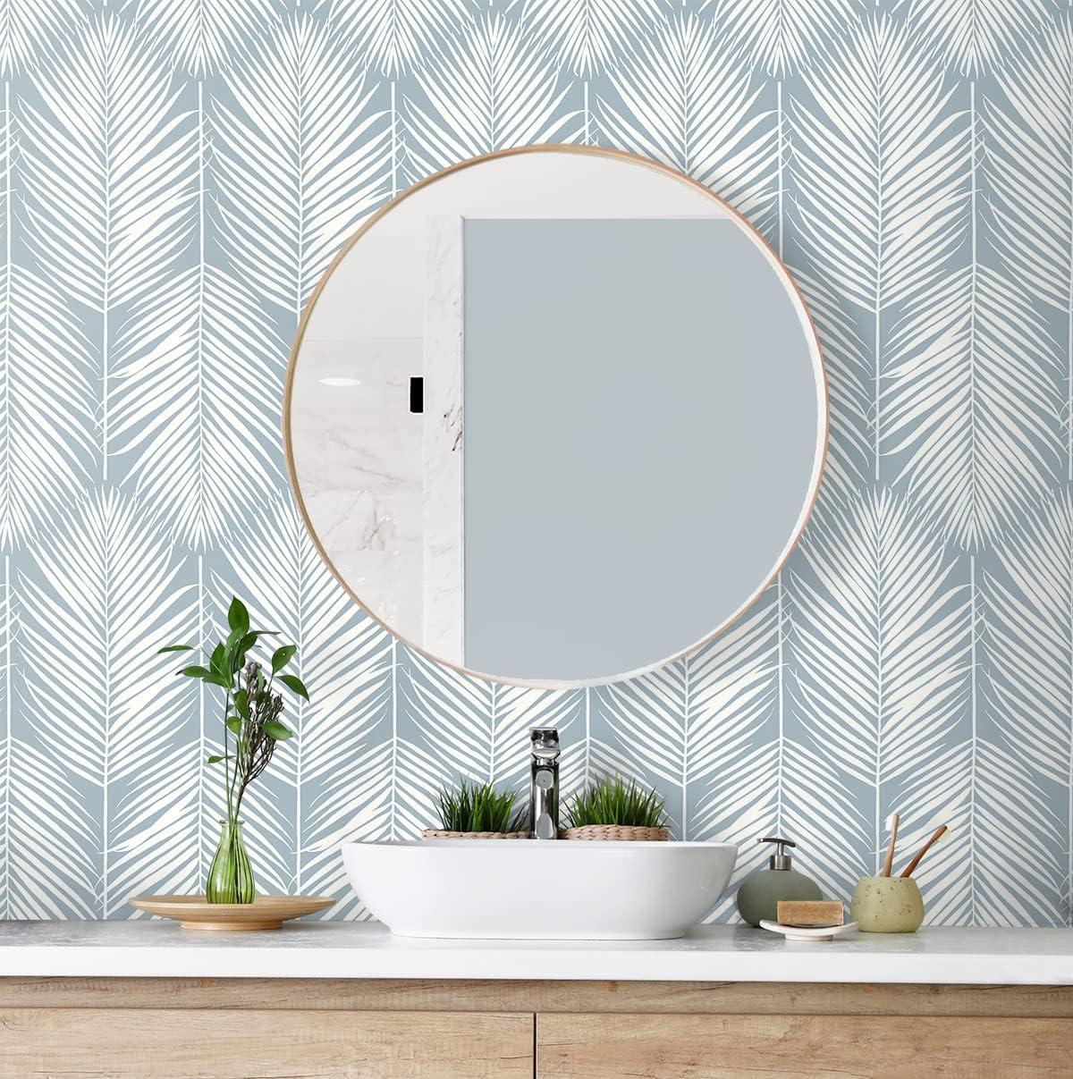 Seabrook Designs Light Blue Palm Silhouette Prepasted Wallpaper