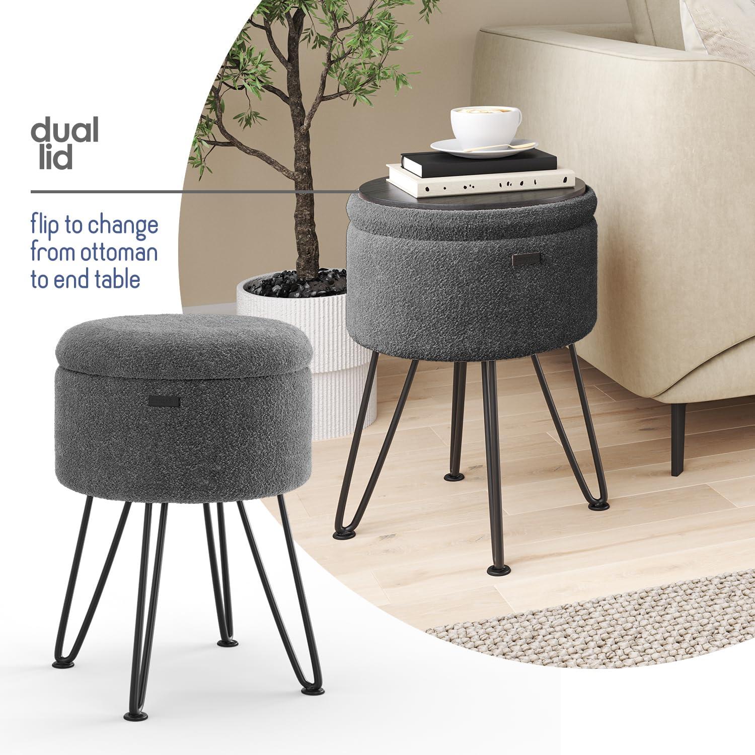 StorageBud Round Ottoman with Storage, Boucle Storage Ottoman, Modern Foot Stool Ottoman for Living Room and Bedroom, Gray/Black Legs