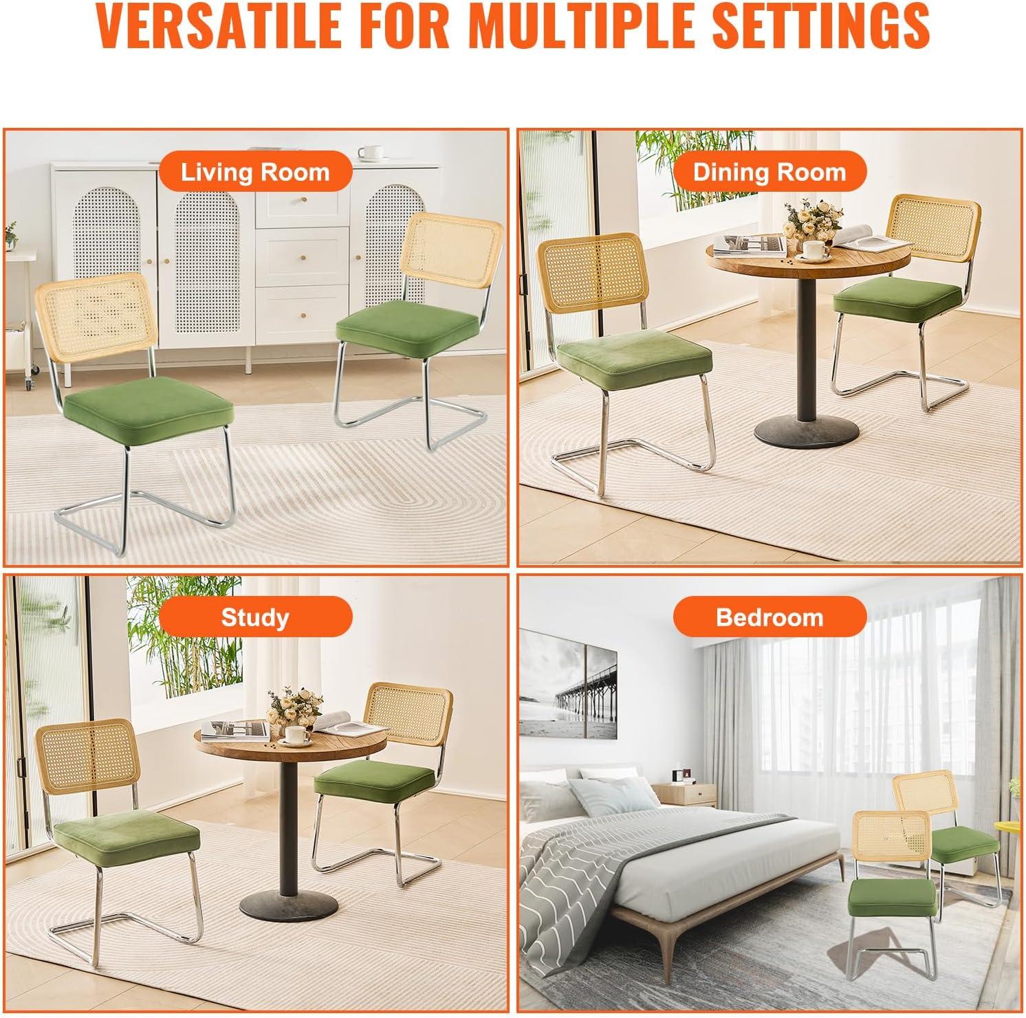 VEVOR Rattan Dining Chairs Set of 2, Mid Century Modern Dining Chair, Upholstered Velvet Accent Chair with Rattan Back,  (18.1 Inch)