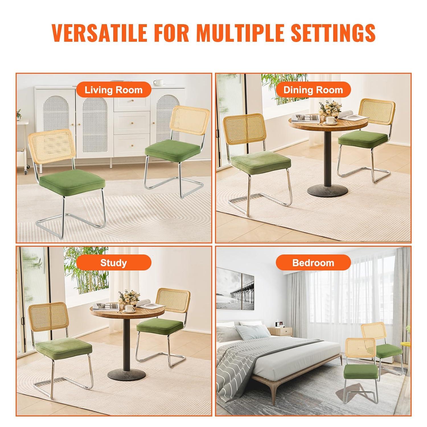 VEVOR Rattan Dining Chairs Set of 2, Mid Century Modern Dining Chair, Upholstered Velvet Accent Chair with Rattan Back,  (18.1 Inch)