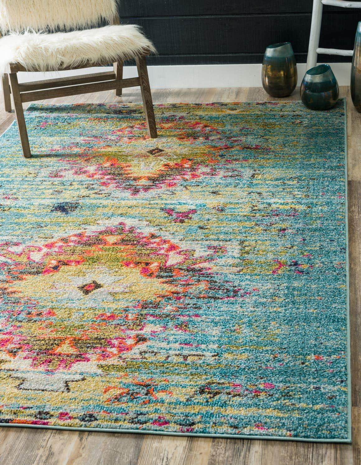 Turquoise and Yellow Over-Dyed Tribal Vintage Rectangular Rug