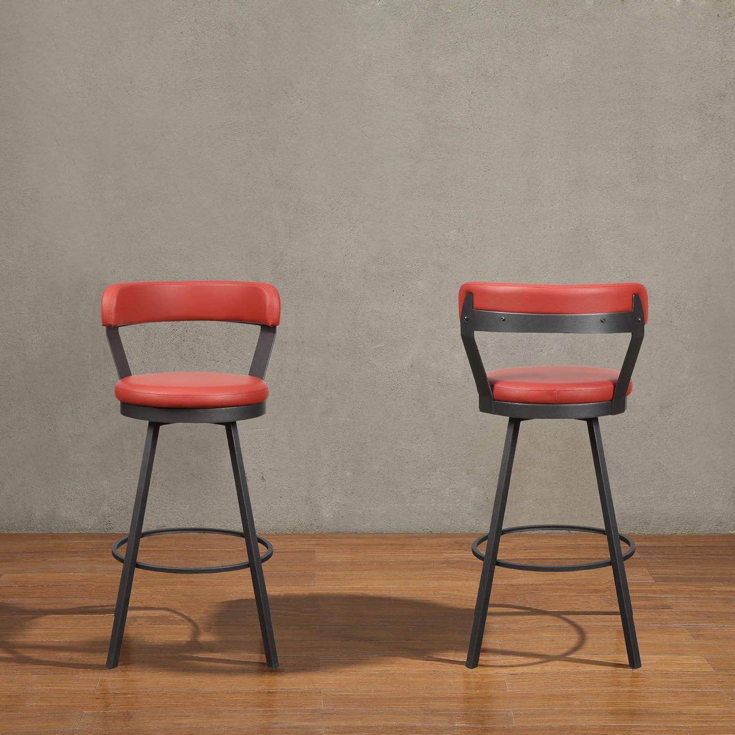 Swivel Bar Stools Set of 2, Leather Upholstered Bar Height Chairs with Metal Base, 360-degree Swivel Side Chairs for Dining Room Kitchen Pub, Red