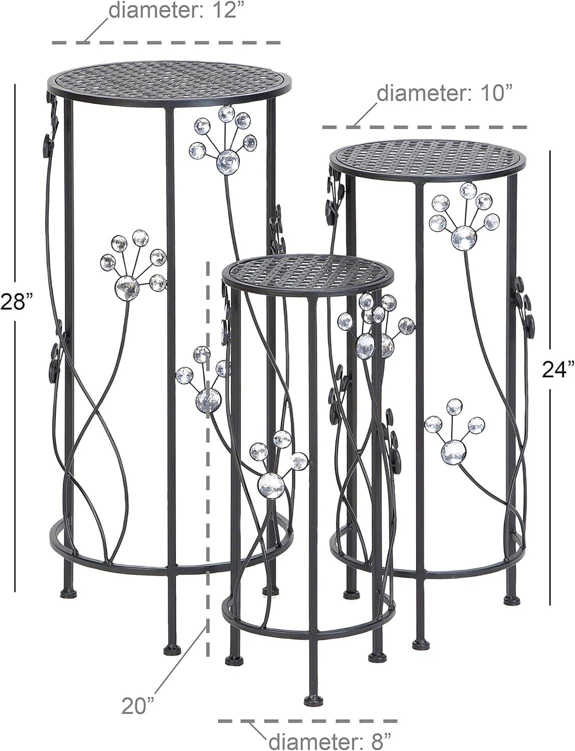 Set of 3 Black Iron Plant Stands with Floral Accents