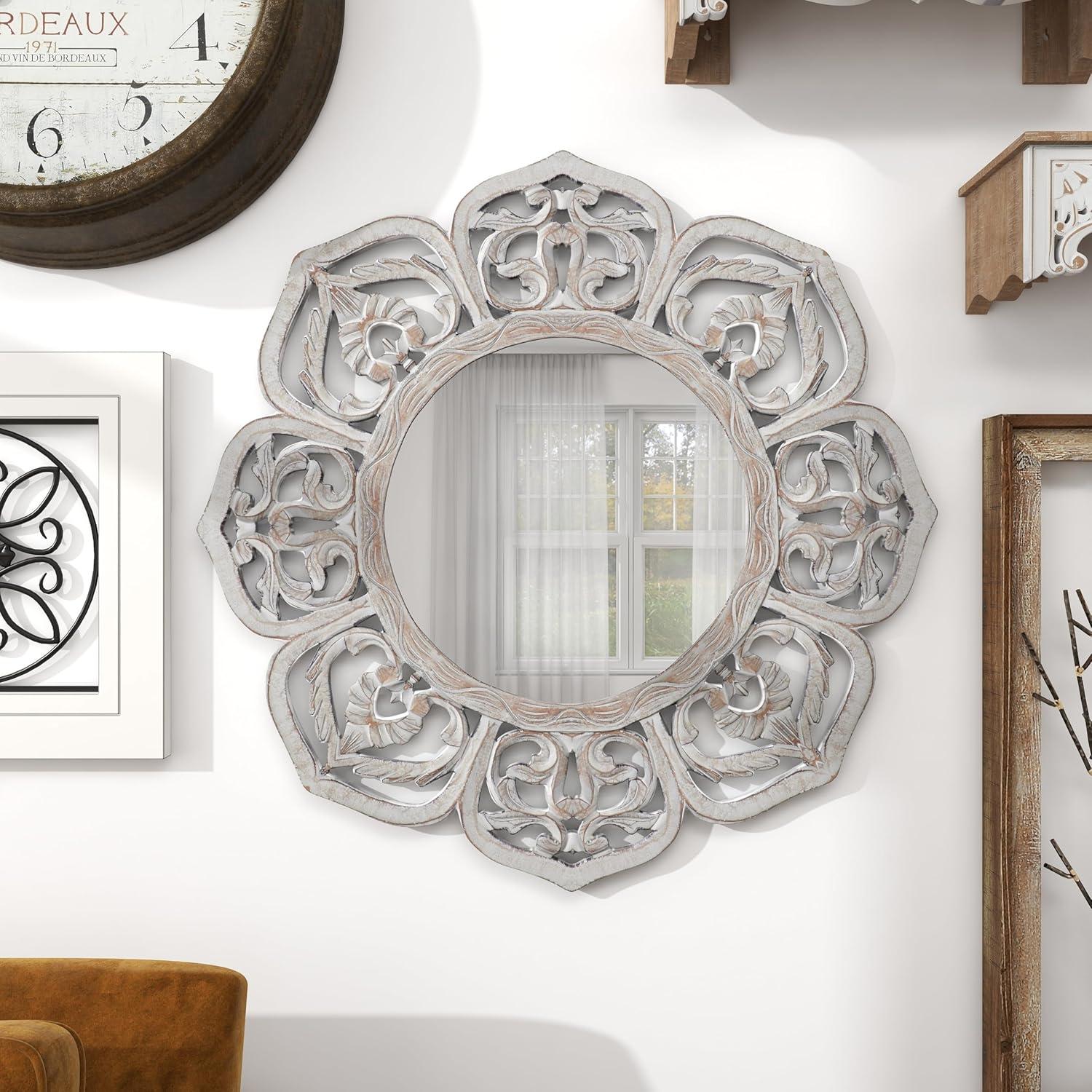 DecMode 32" x 32" White Carved Floral Wall Mirror with Cutout Design