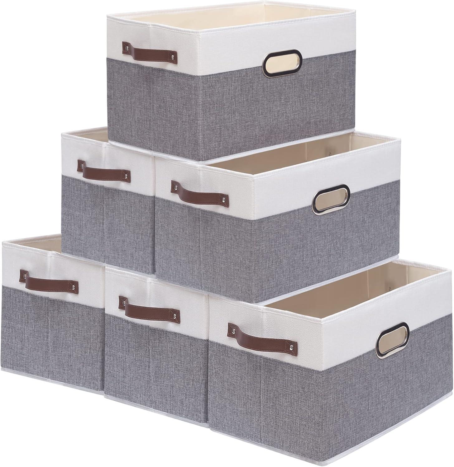 White and Gray Canvas Foldable Storage Bins with Handles, 6-Pack