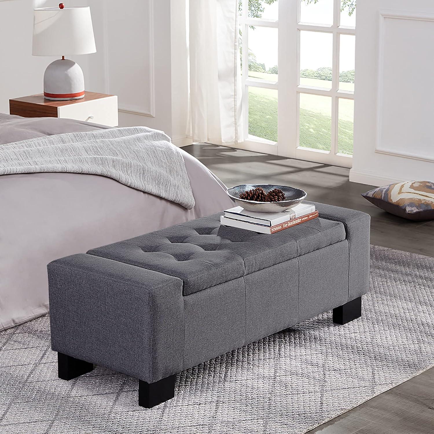 BELLEZE 50" Storage Ottoman Bench Linen Rectangular Tufted Large, Beige