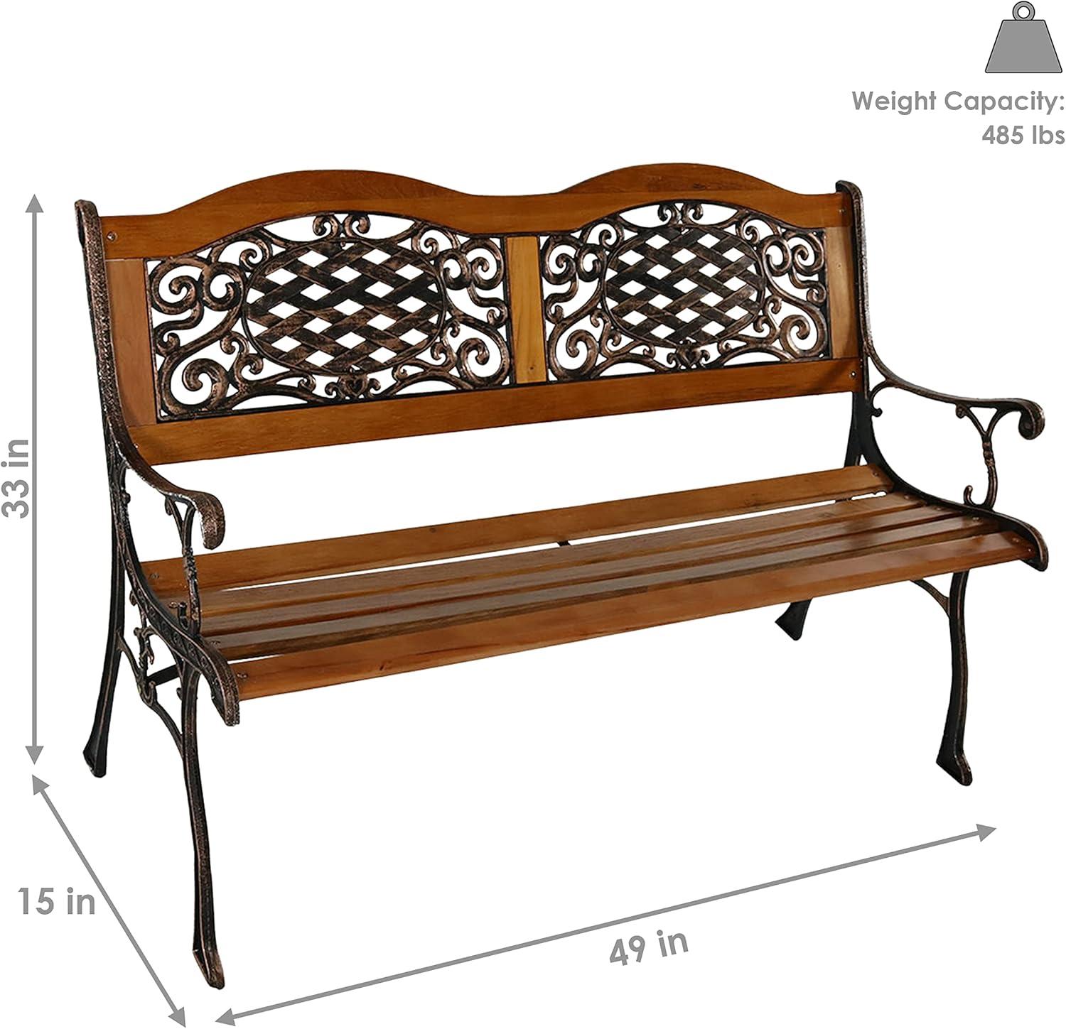 Sunnydaze 49" Black Cast Iron and Wood Outdoor Bench