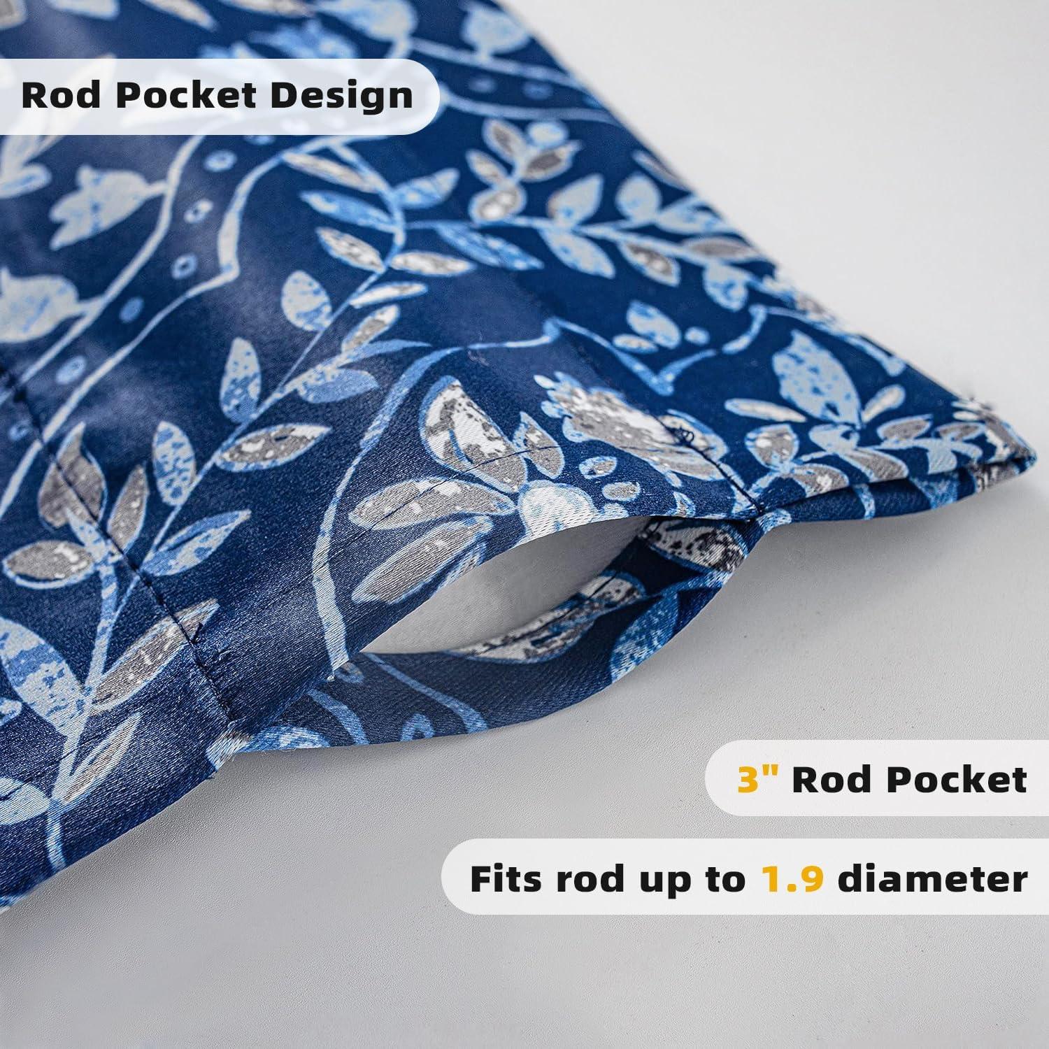 Navy Blue Floral Damask Blackout Rod Pocket Valance 52" x 14"