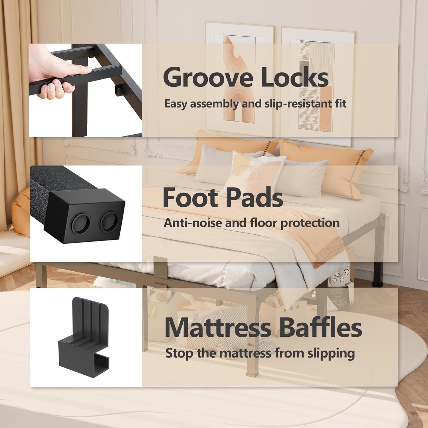 FUIOBYVV King Bed Frames, 16 Inch Heavy Duty Metal Platform Bed Frame King Size Support Up to 3500 lbs, No Box Spring Needed/No Shaking/Steel Slat Support/Noise Free/Easy Assembly