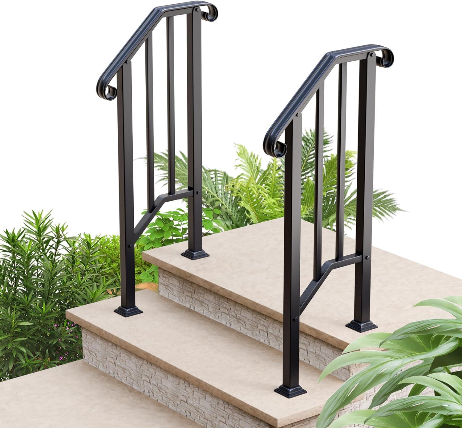 2 Pack 5 Step Handrails for Outdoor Steps, Wrought Iron Stair Railing Fits 4 or 5 Steps, Metal Hand Rail with Installation Kit, Staircase Handrails for Concrete, Porch, Deck, Exterior Steps, Black