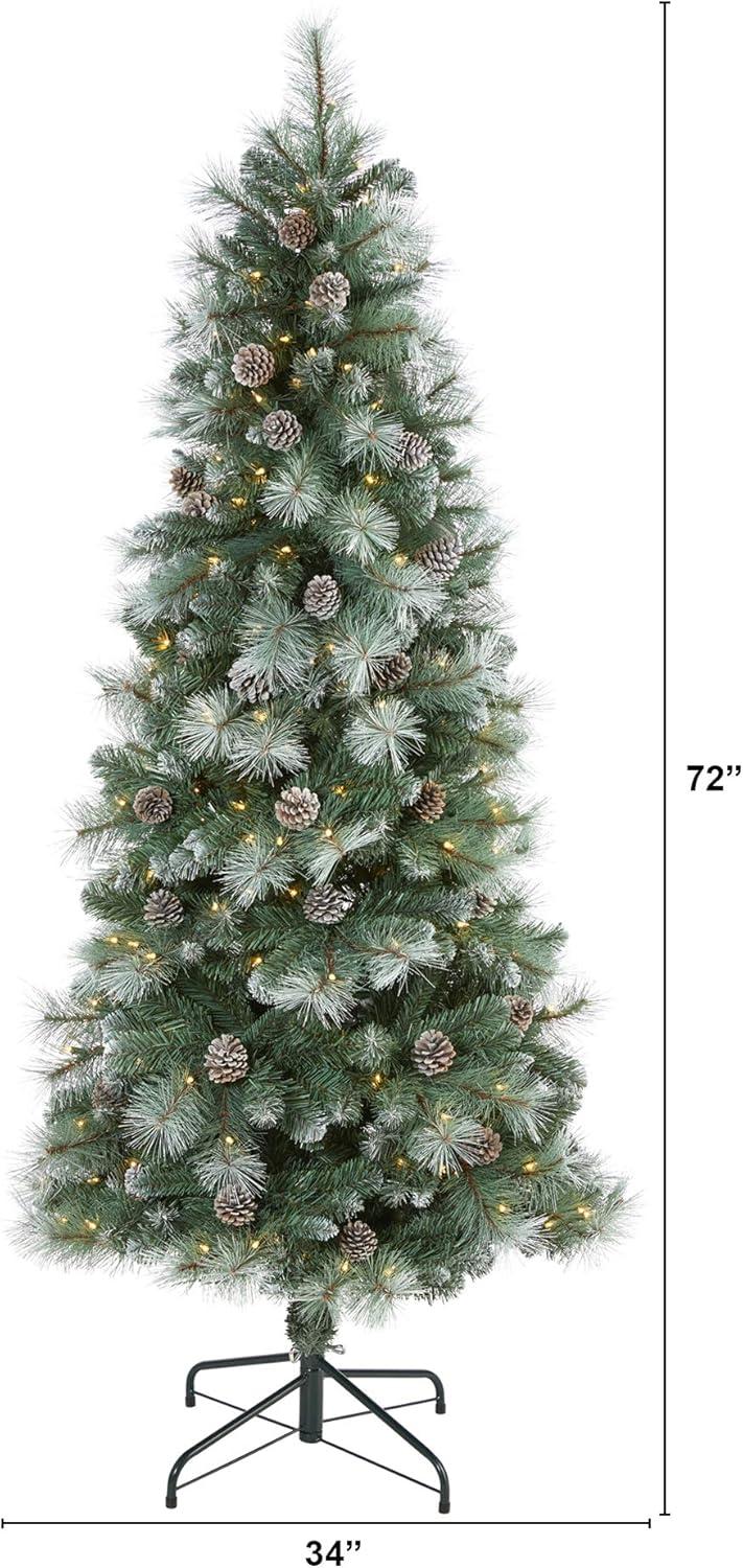 Nearly Natural 6-ft Frosted Tip British Columbia Mountain Pine Artificial Christmas Tree with 250 Clear Lights, Pine Cones and 588 Bendable Branches