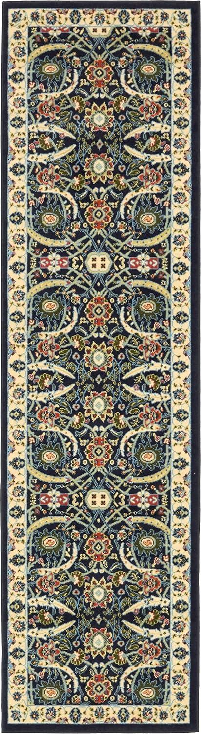 Navy Blue and Beige Floral Synthetic Runner Rug