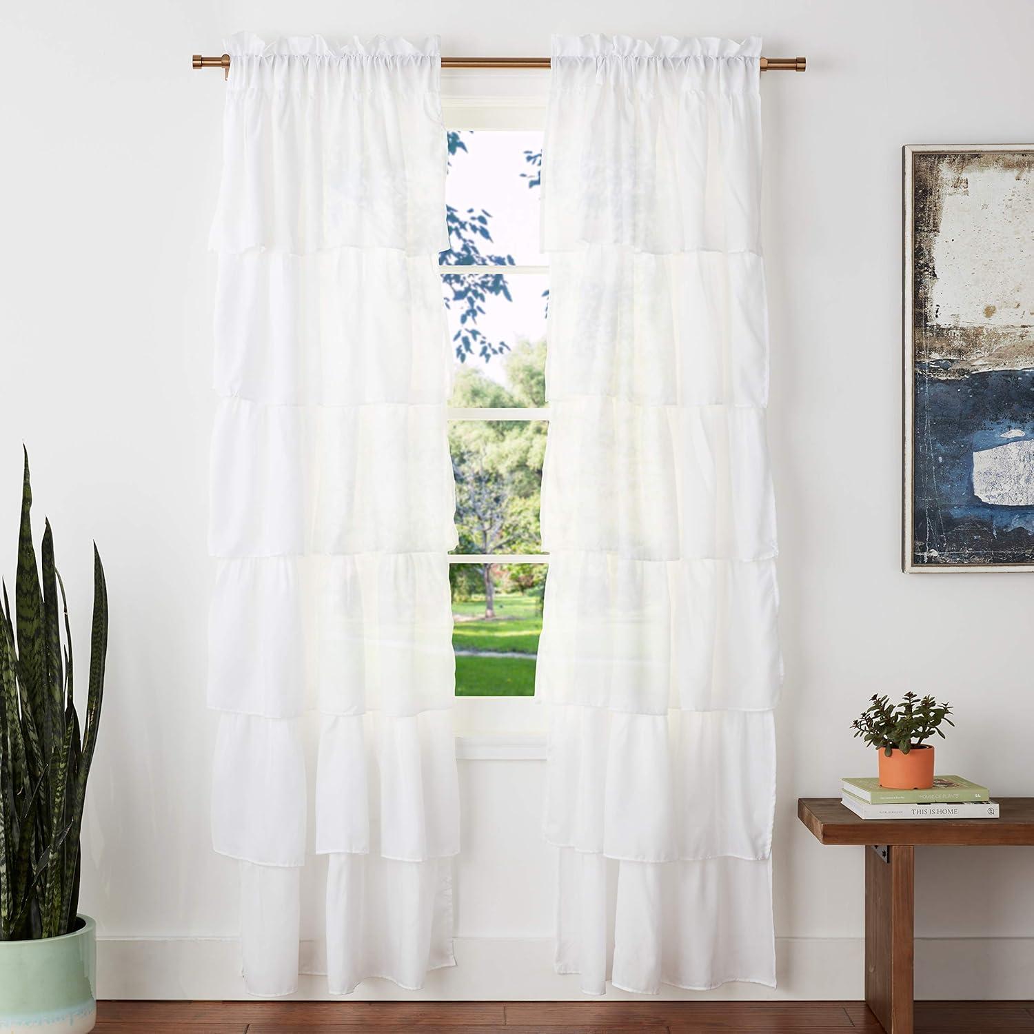 White Sheer Pleated Rod Pocket Ruffled Curtain Panels, 84" x 40"