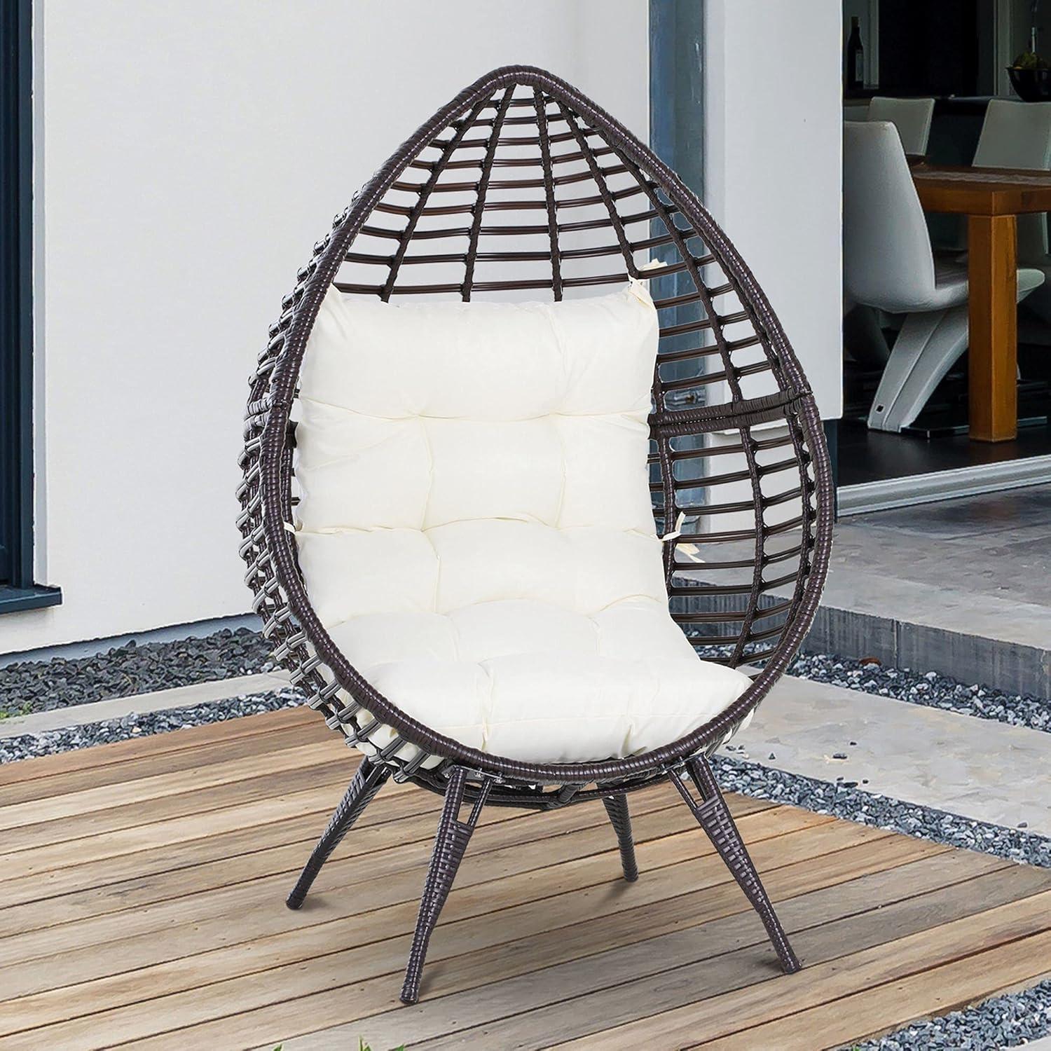 Outsunny Wicker Egg Chair, Oversized Indoor Outdoor Boho Lounge, Hand-Woven Water-Safe PE Rattan Furniture with Cushion, Beige